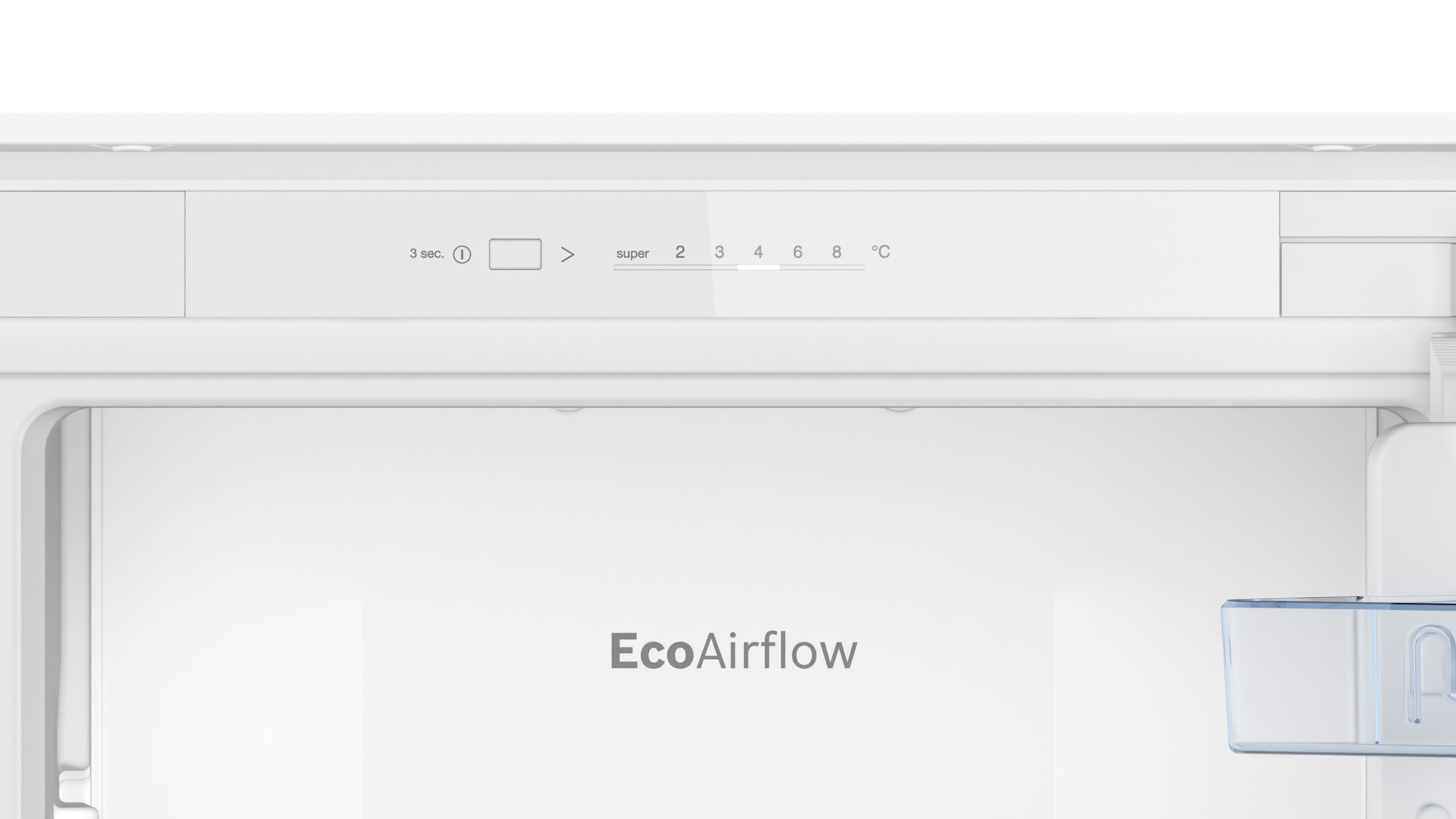 Białe wnętrze lodówki. Wyświetla ustawienia temperatury i tekst EcoAirflow.
