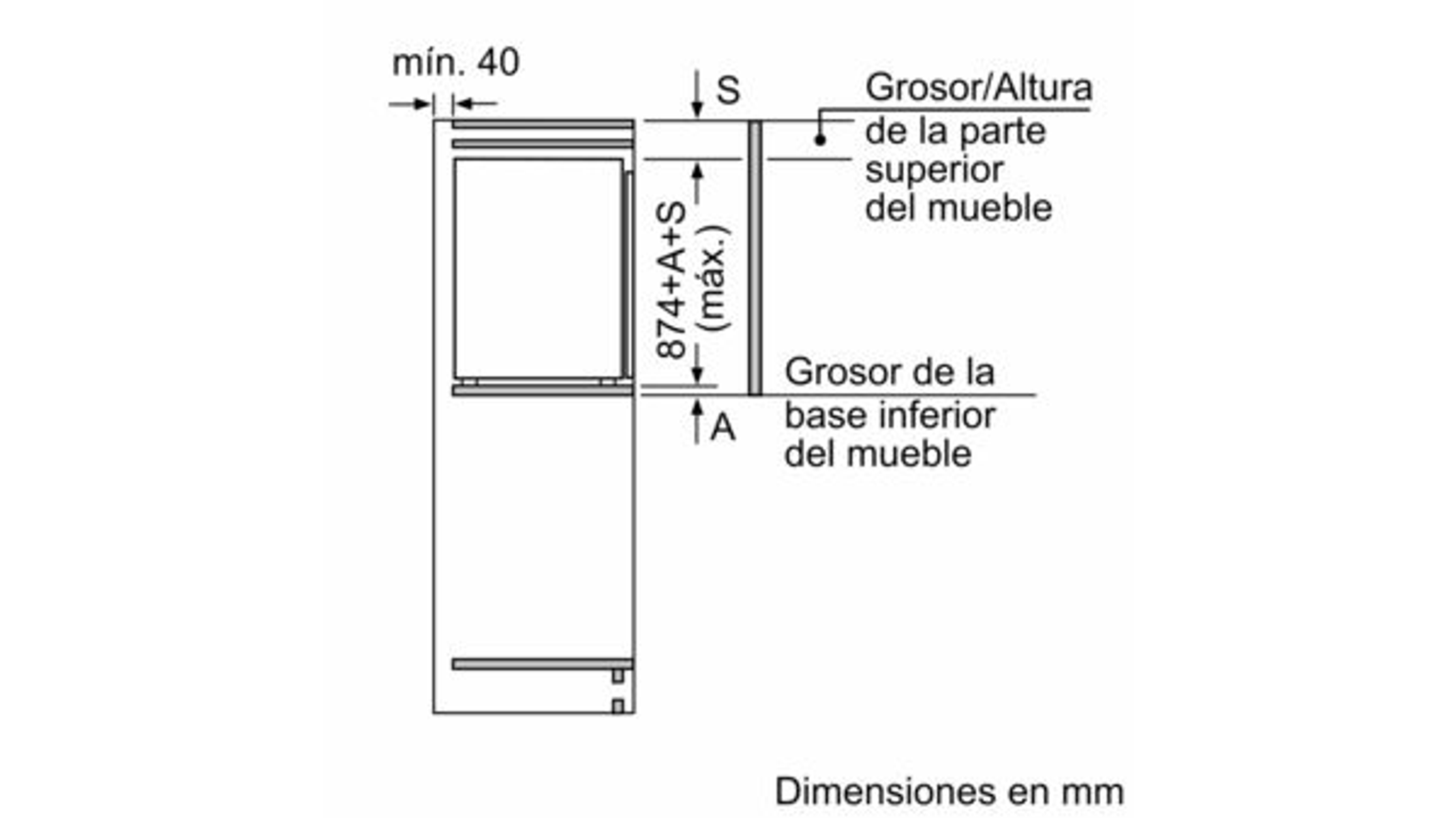 Technical drawing of a cabinet, showing dimensions and measurements in mm.