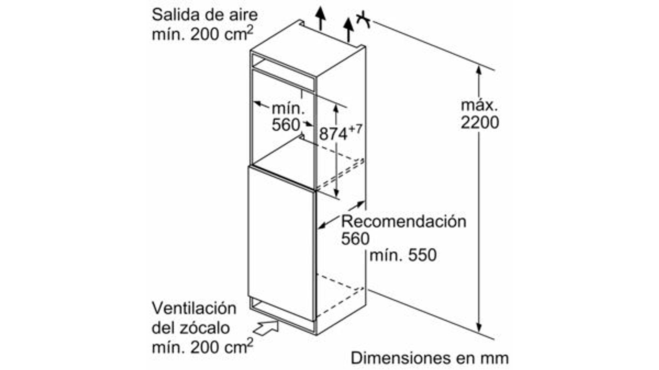 Diagram of a built-in refrigerator with dimensions in millimeters. The design includes air vents and a base.