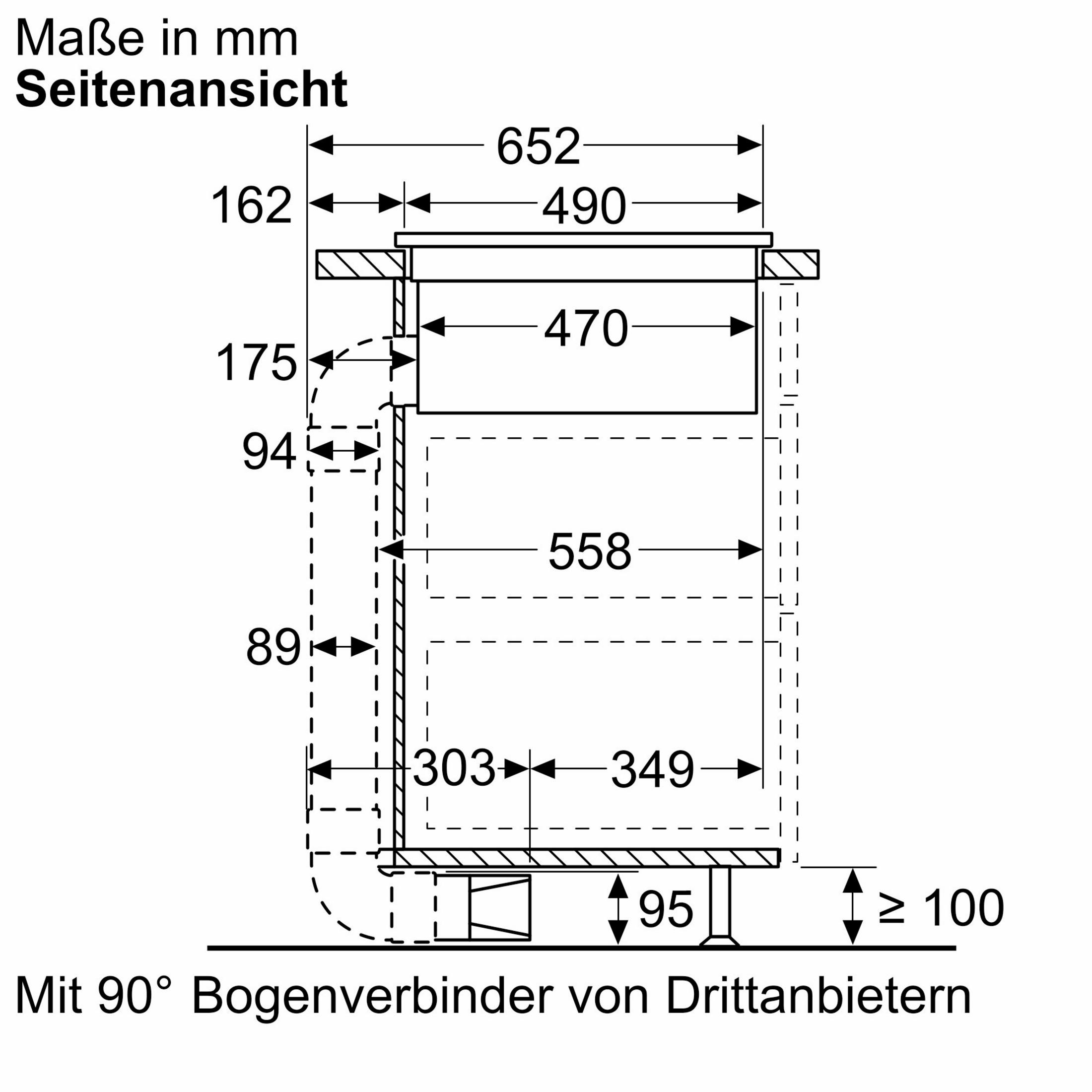 Technische Zeichnung eines Küchengeräts mit Abmessungen und Details.