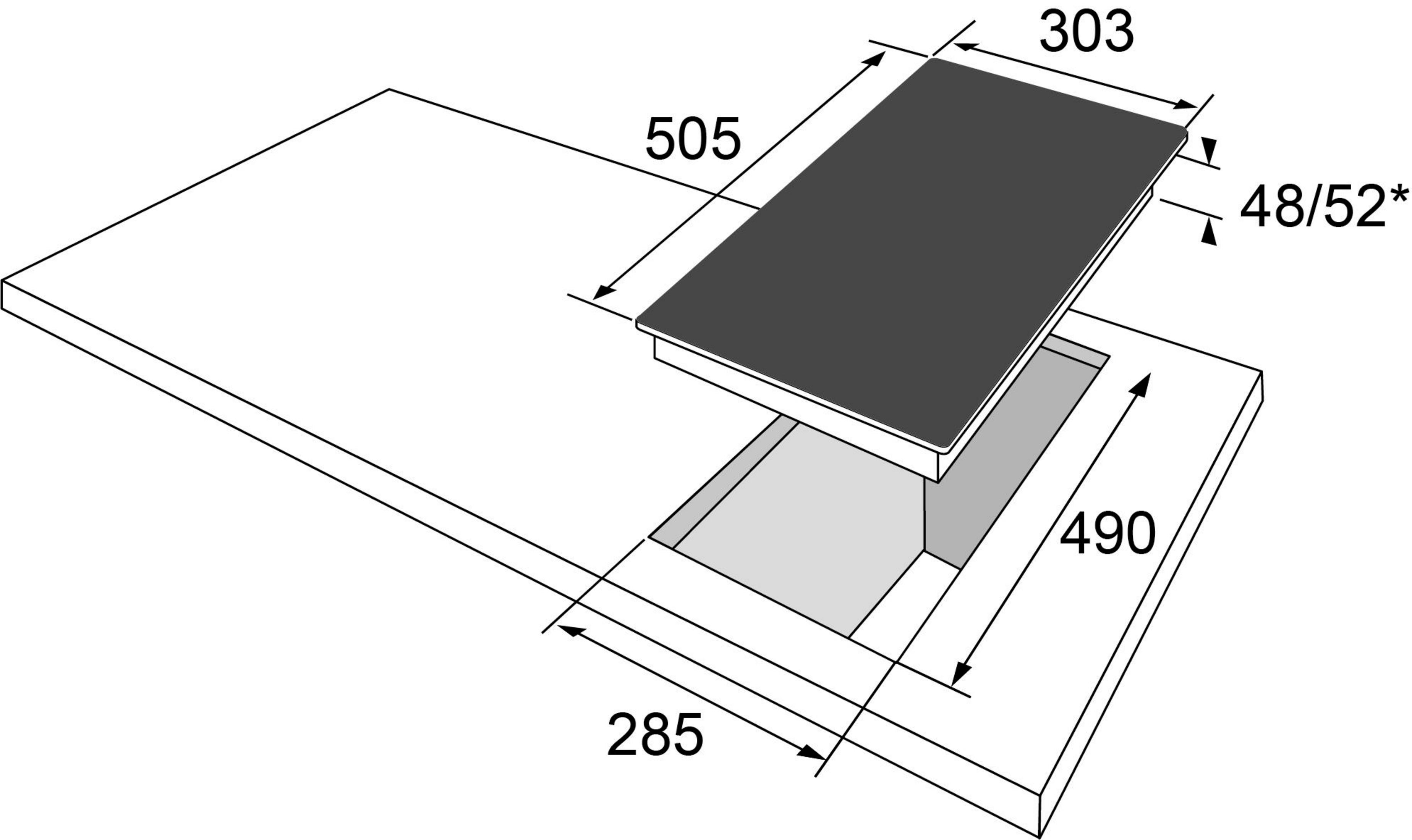 Ein Kochfeld mit Maßen in Millimetern: 505x303, mit einem Ausschnitt von 490x285 und einer Dicke von 48/52 mm.