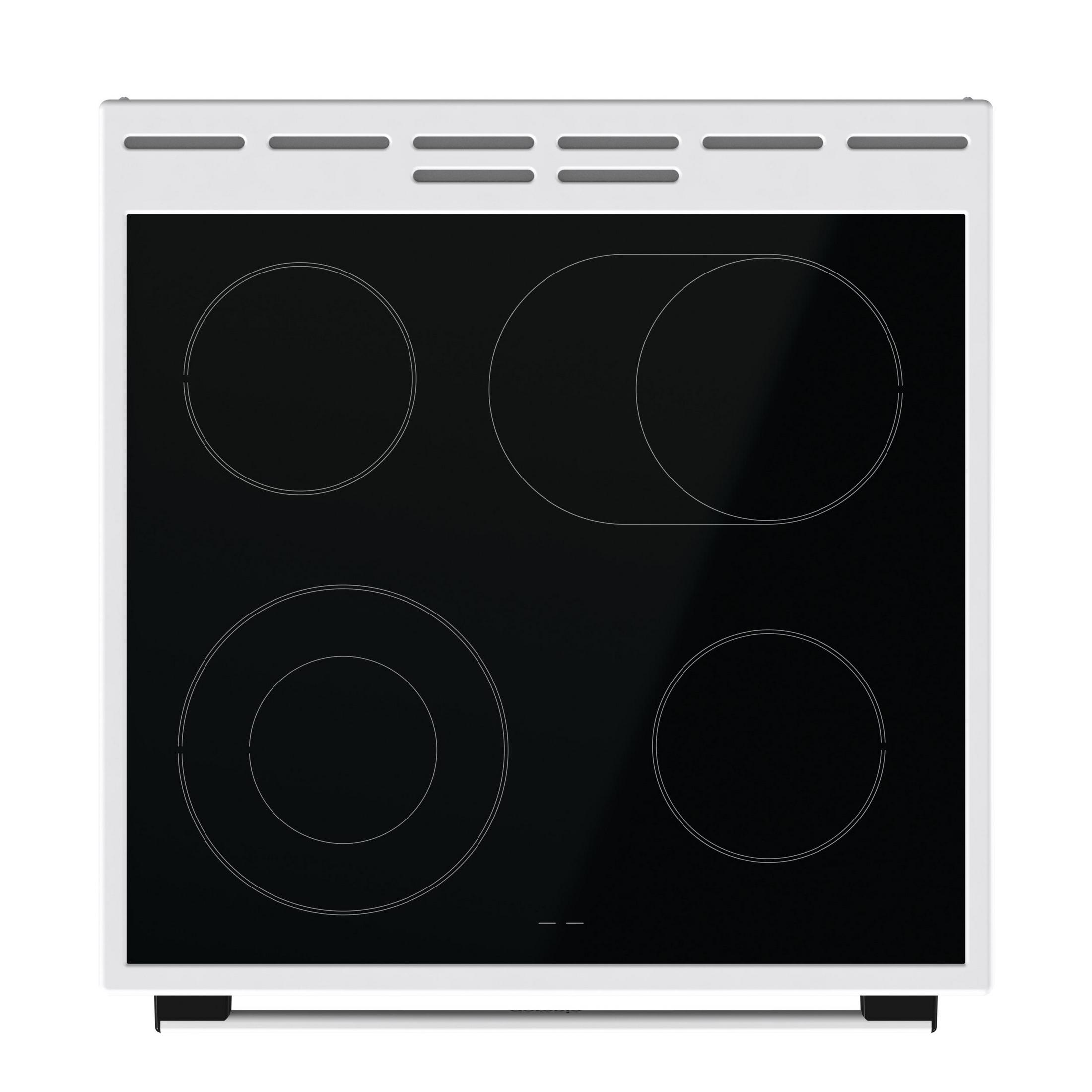 Weißes elektrisches Kochfeld mit vier schwarzen, kreisförmigen Kochzonen. Minimalistisches Design.