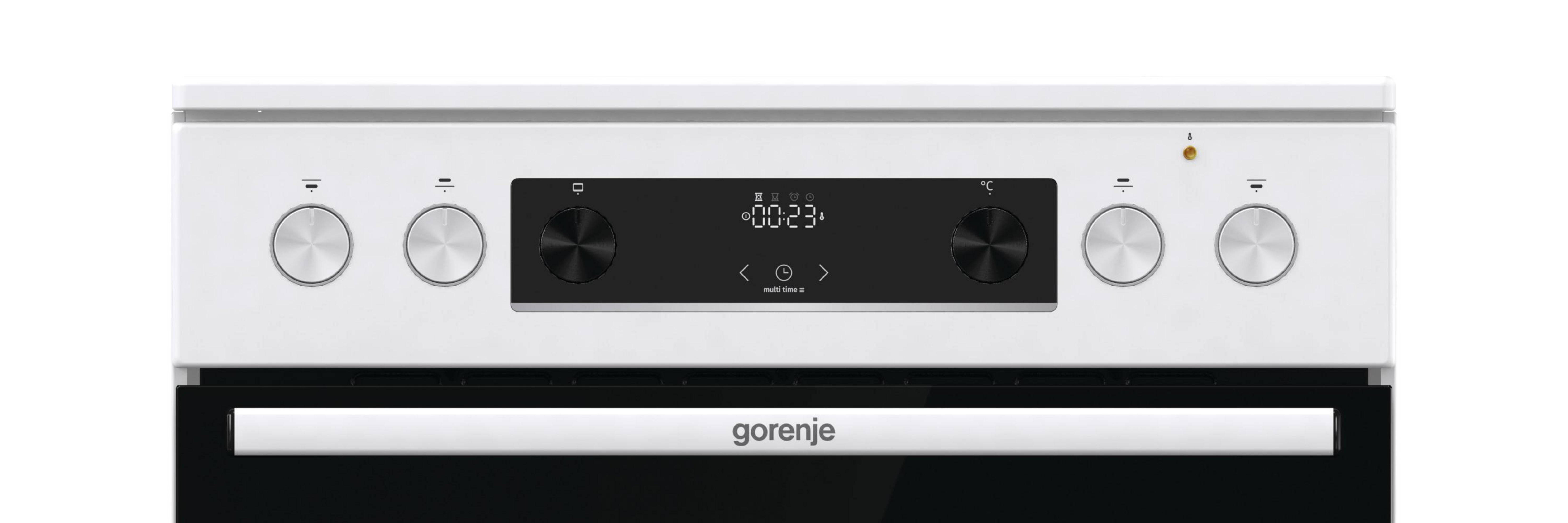 Weißes Einbauofen-Bedienfeld mit Knöpfen und digitaler Anzeige, die Zeit und Temperatur anzeigt.