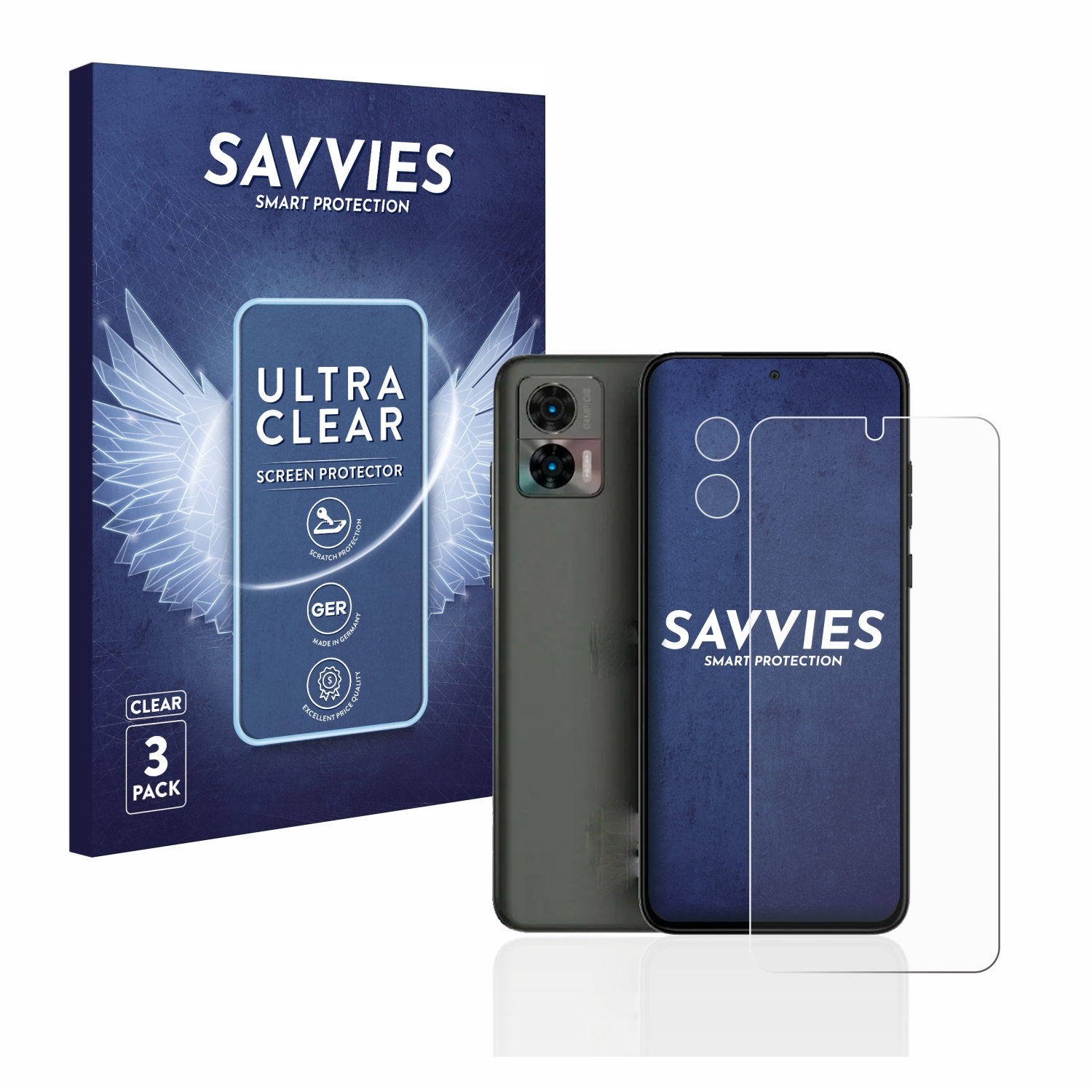 Smartphone-Displayschutzbox, ein Telefon und ein Schutz. Der Schutz ist auf dem Telefon platziert.