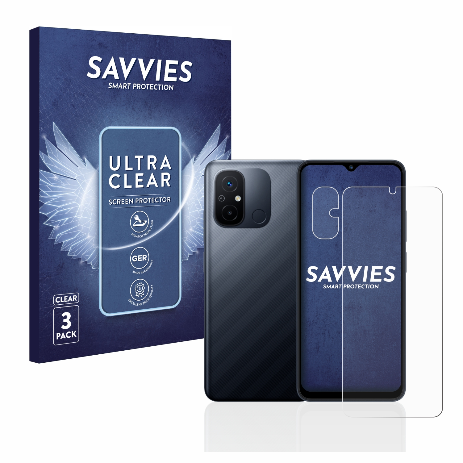 Schwarzes Smartphone mit Displayschutzfolie und Box. Folie angebracht. Weißer Hintergrund.
