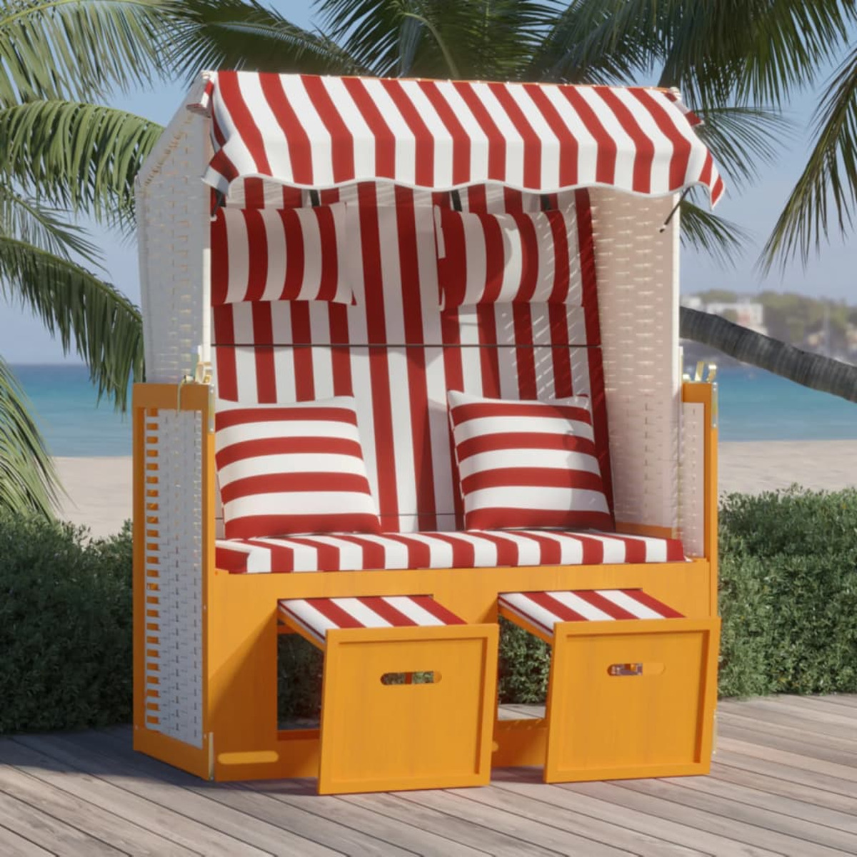 Strandkorb mit rot-weißen Streifen, orangefarbener Rahmen.