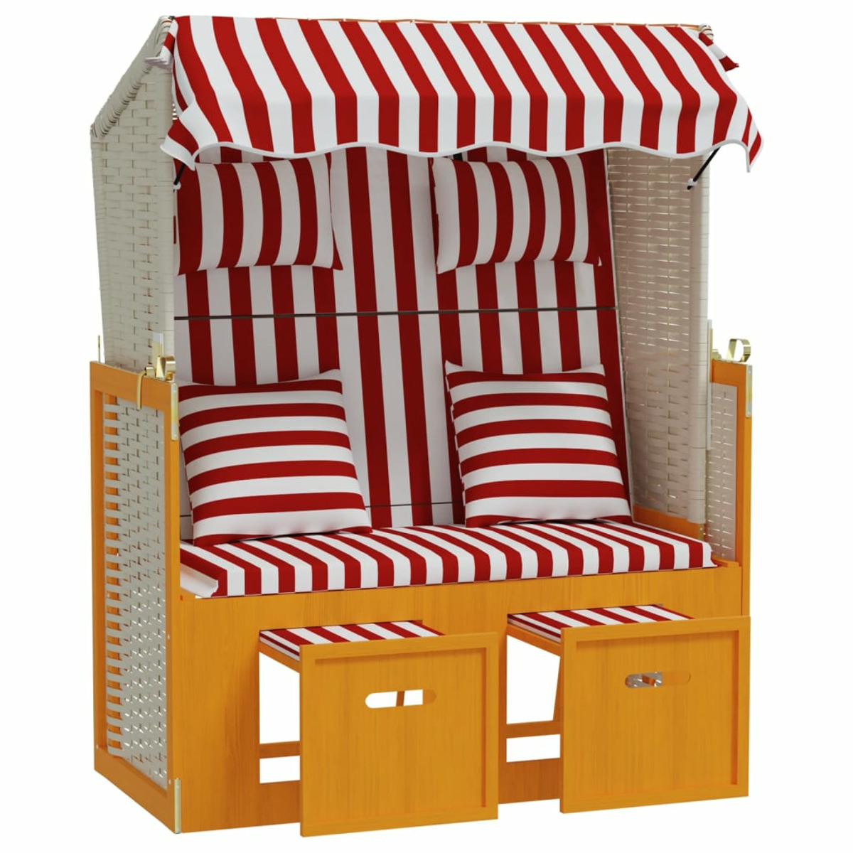 Strandkorb mit rot-weiß gestreiftem Verdeck, Kissen und Holzrahmen, freigestellt.