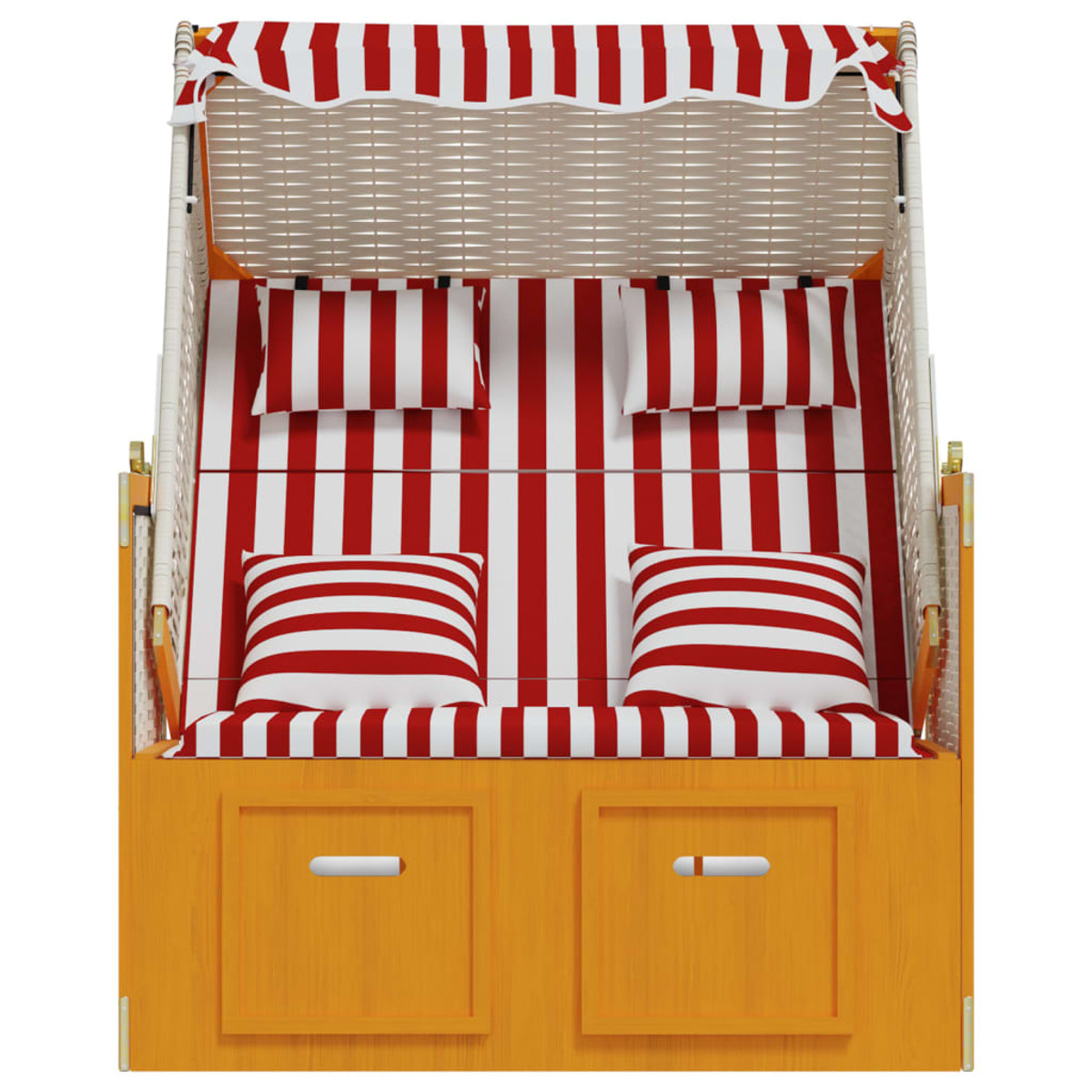 Strandkorb mit rot-weiß gestreiften Kissen und Verdeck. Holzrahmen, Vorderansicht.