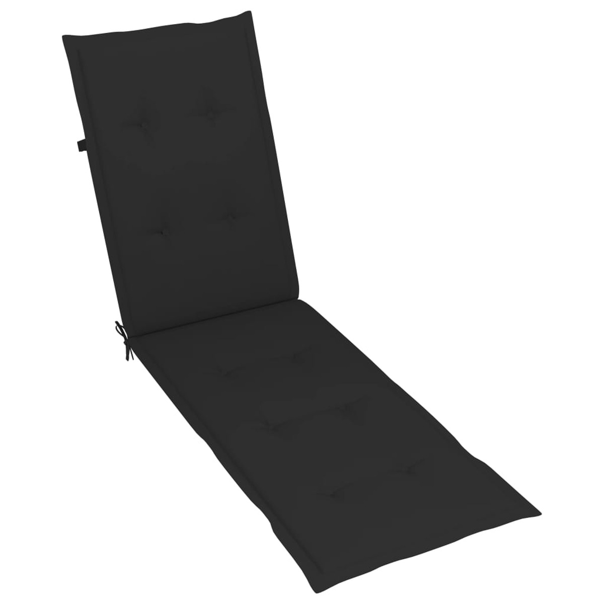 Schwarz gepolsterter Sonnenliegestuhl auf weißem Hintergrund, mit Knopfdetails.