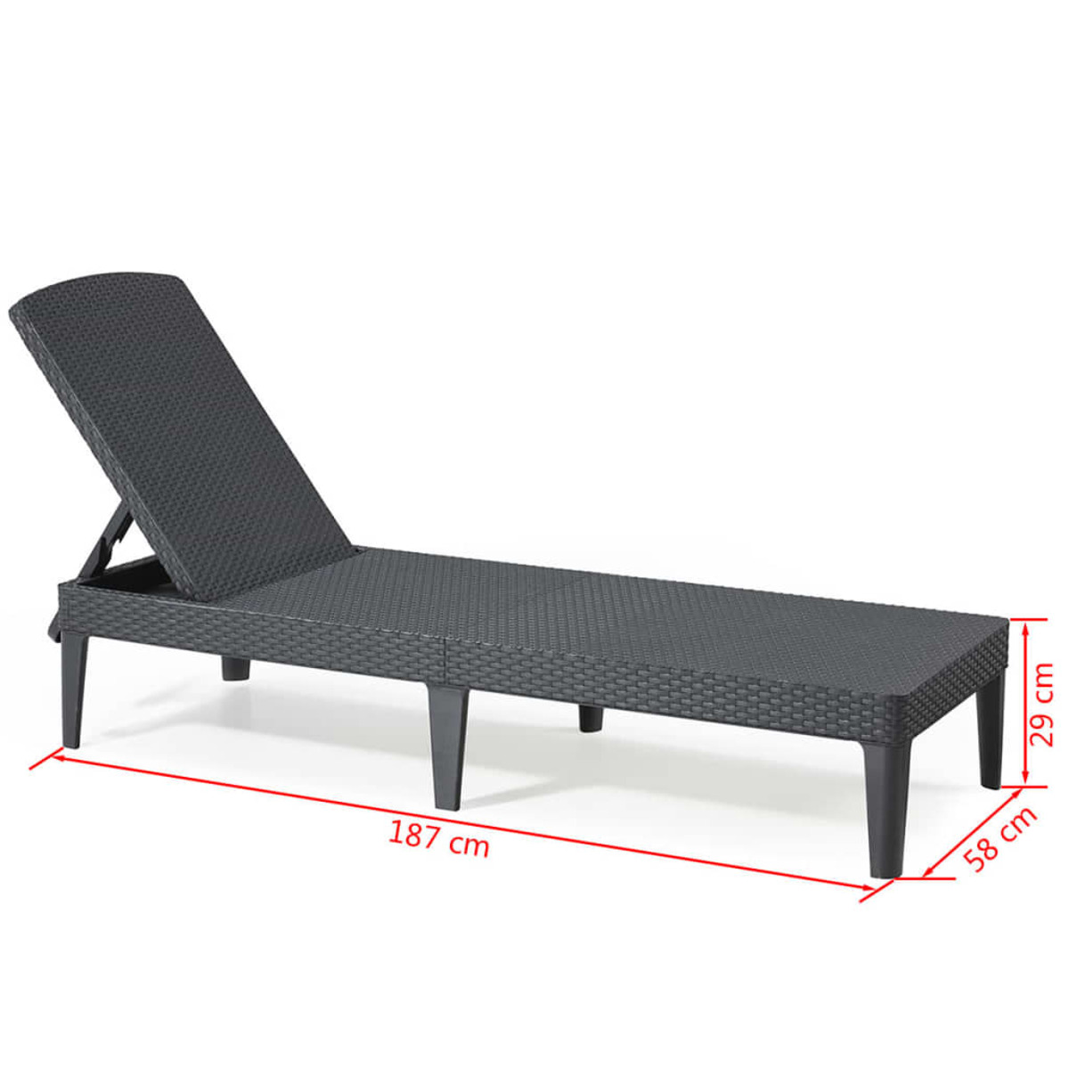 Chaise longue nera. Dimensioni: 187 cm di lunghezza, 29 cm di altezza e 58 cm di larghezza.