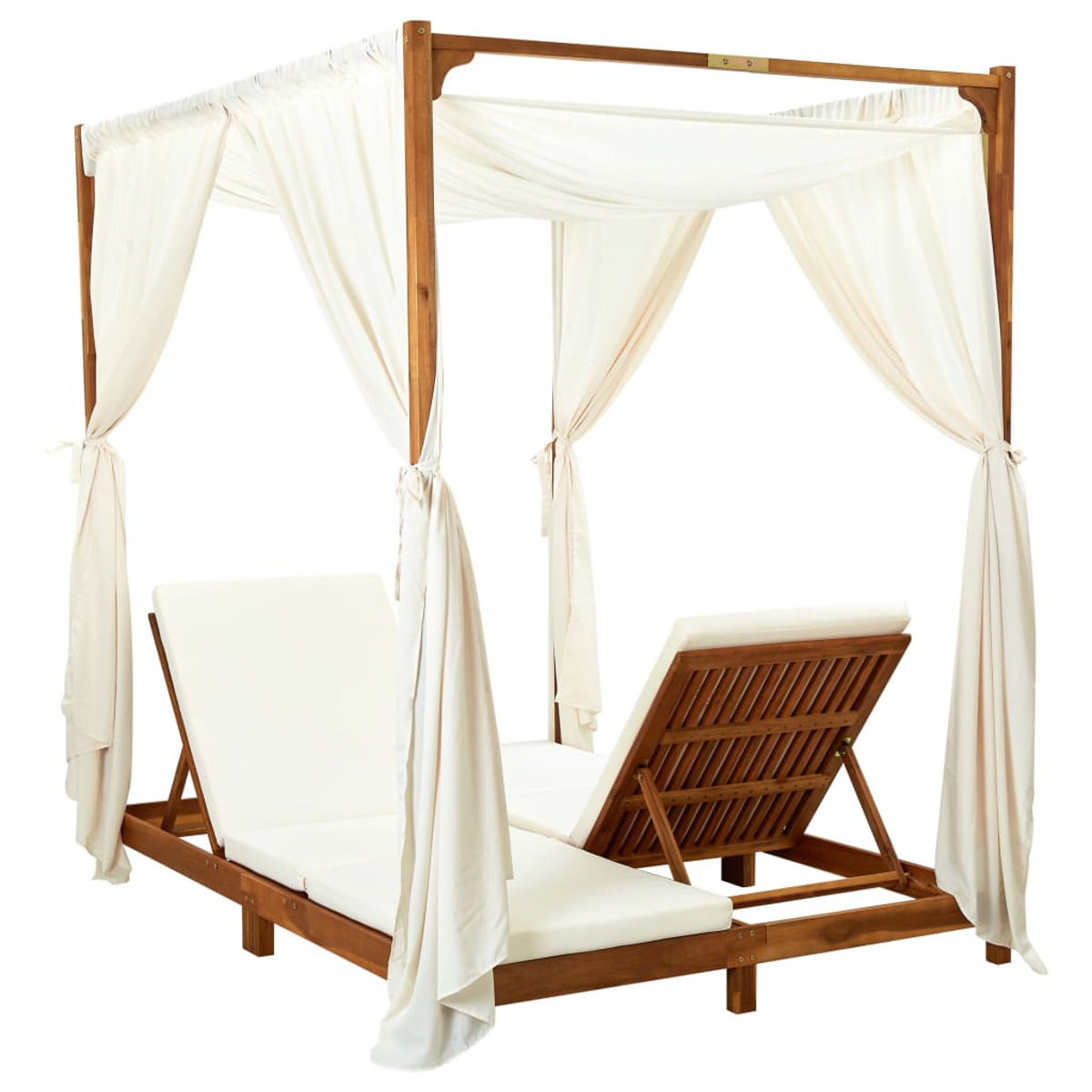 Holz Himmelbett mit weißen Vorhängen und zwei weißen, gepolsterten Betten.