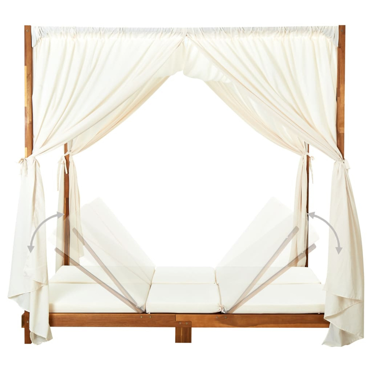 Ein Holzpavillon mit weißen Vorhängen, weißen Kissen auf dem Bett und einem Bewegungspfeil an der Seite.