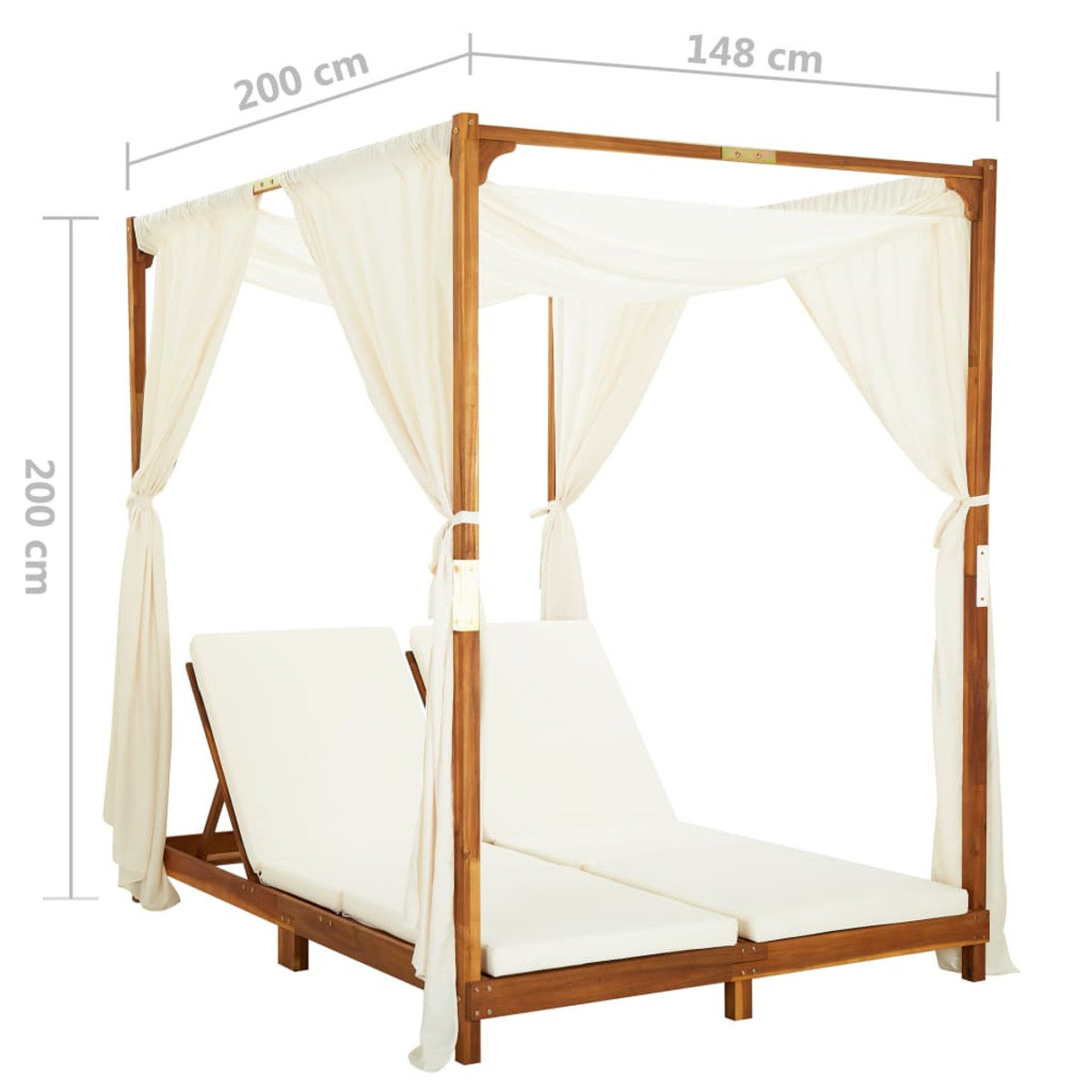Ein vierpfostiges Holzbett mit zwei Liegen unter einem Baldachin.