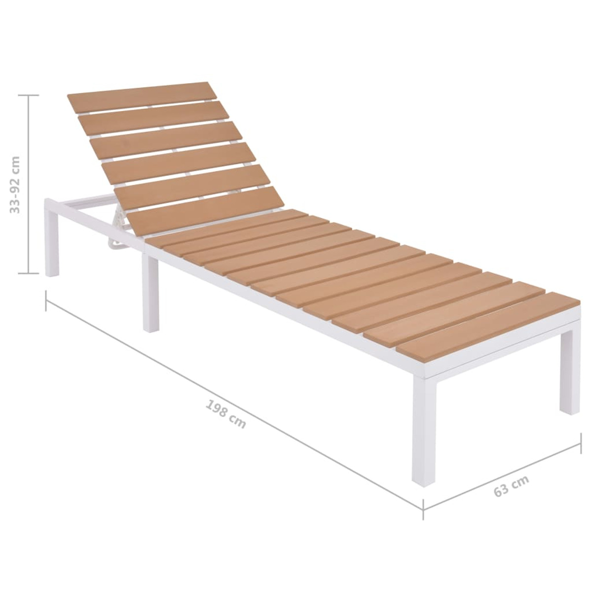 Chaiselongue aus Holz für den Außenbereich mit Maßen. Sie hat ein Lamellen-Design und weiße Beine.