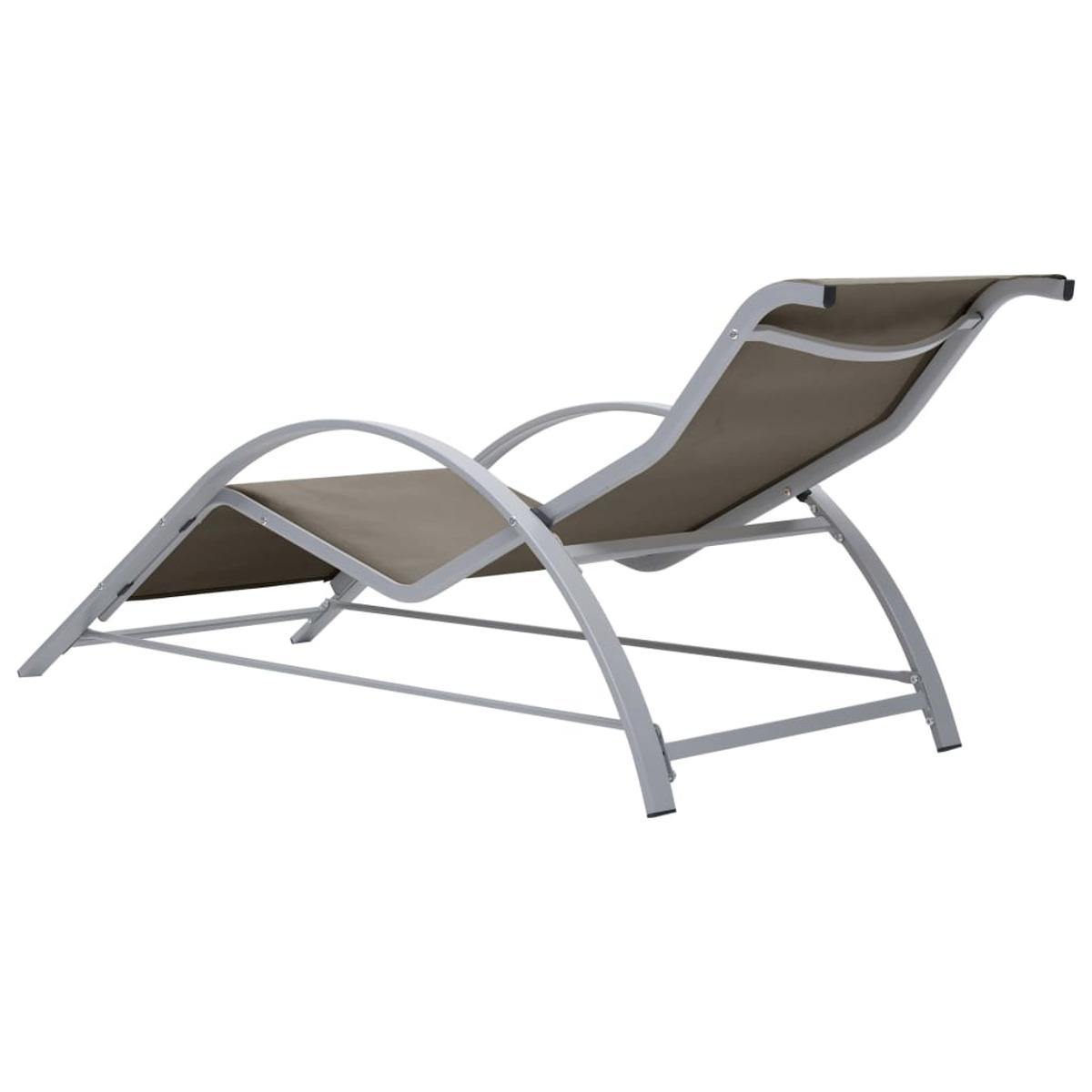 Grau-beige Chaiselongue. Mit gebogenem Rahmen, in Liegeposition.