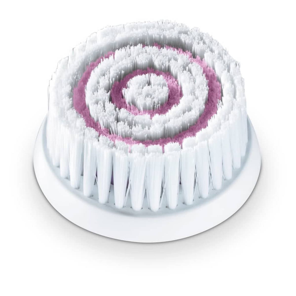 Weißer Gesichtsbürstenkopf mit rosa Spirale in der Mitte. Für die Hautpflege.