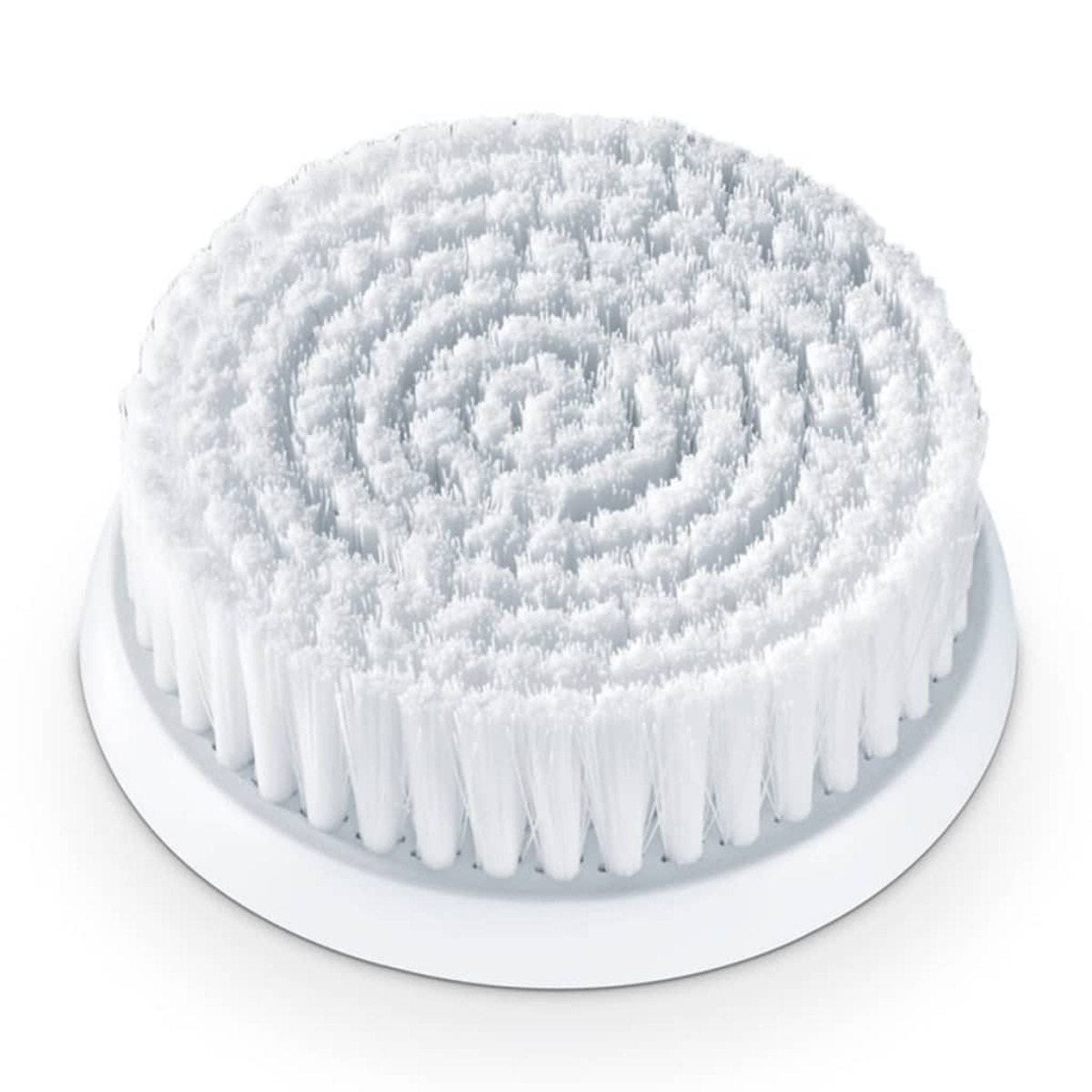 Weiße, kreisförmige Gesichtsbürste mit dichten Borsten.