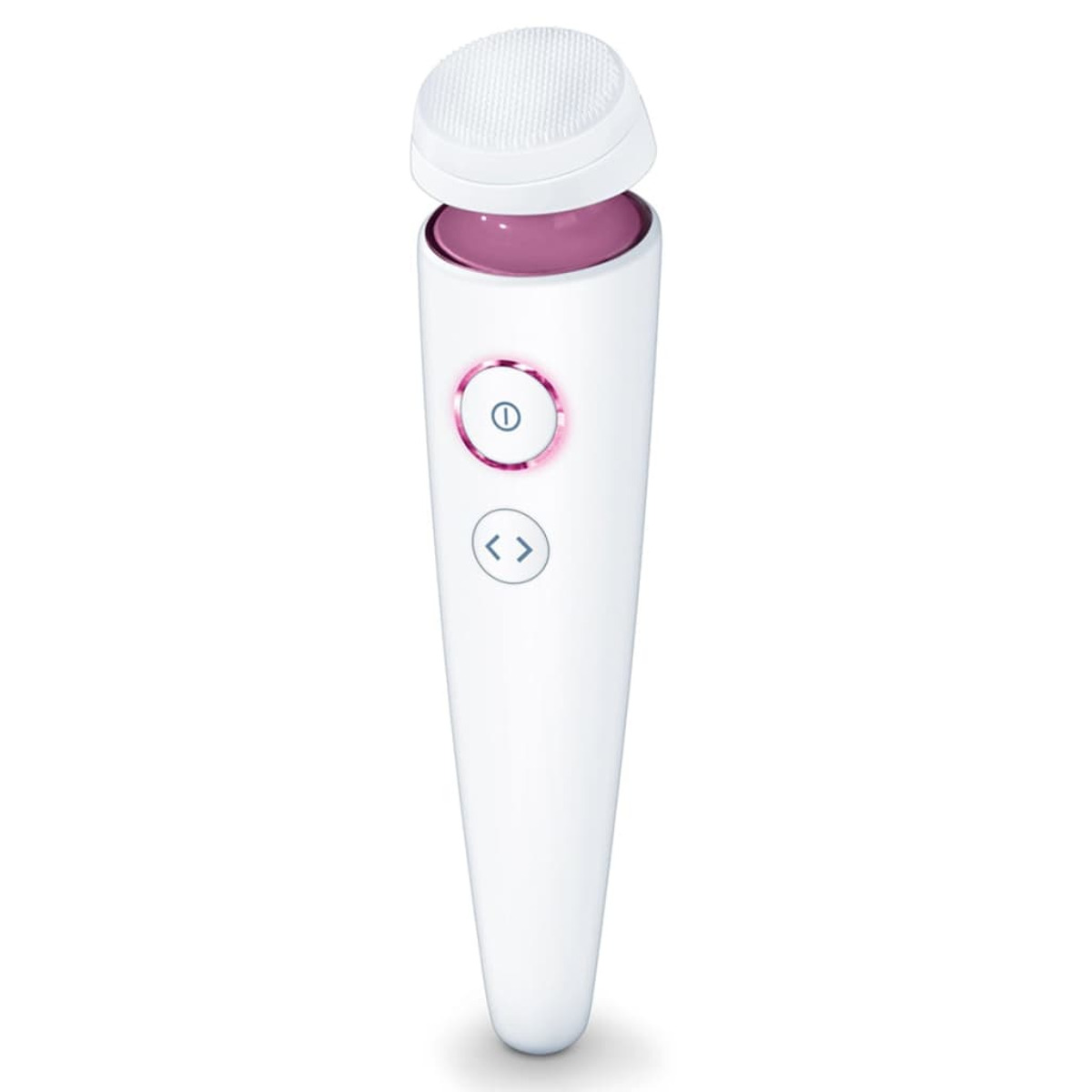 Eine weiße Gesichtsreinigungsbürste mit abnehmbarem Bürstenkopf.