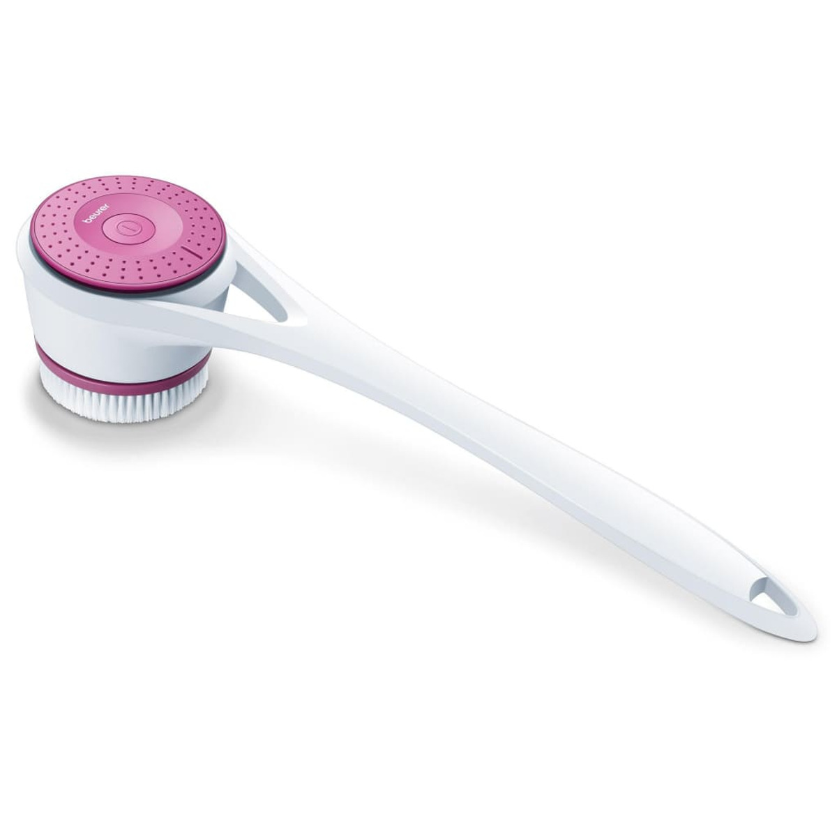 Brosse de massage blanche et rose. A une longue poignée et une tête ronde.
