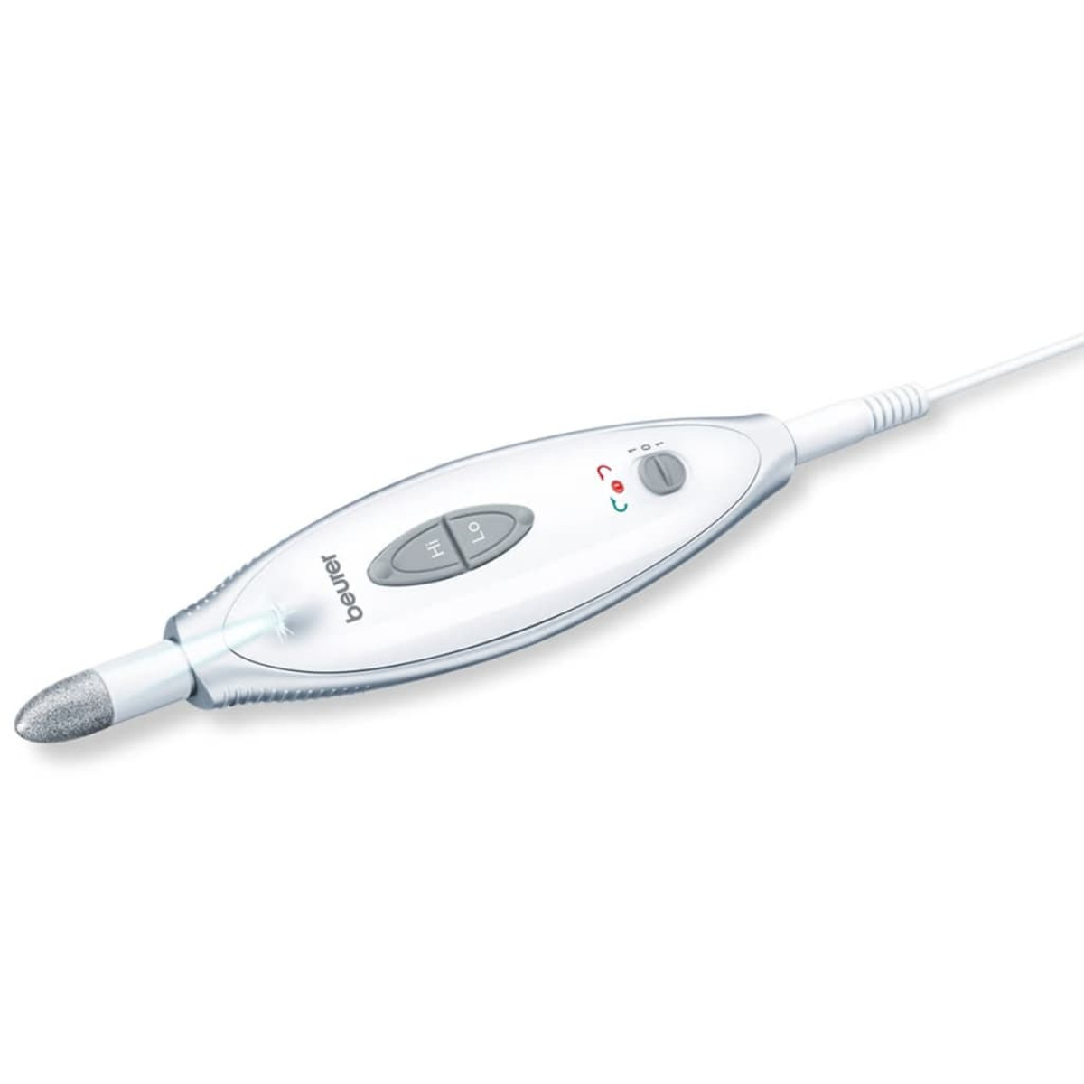 Weißes Fußpflegegerät mit spitzer Spitze. Enthält einen Knopf und ein Kabel.