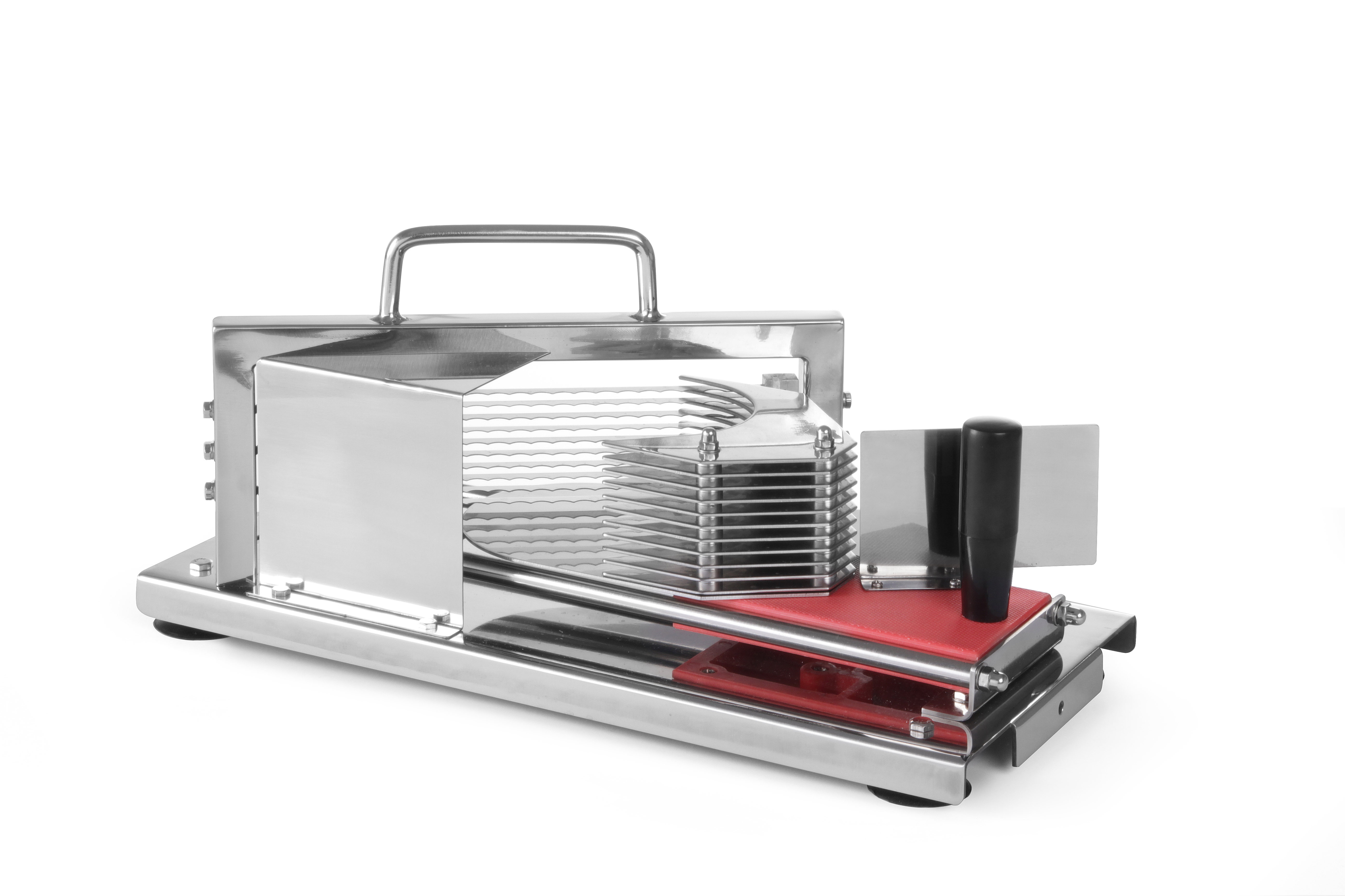 Affettatrice per pomodori in acciaio inox. Lame multiple e base rossa. Manico e spintore neri.