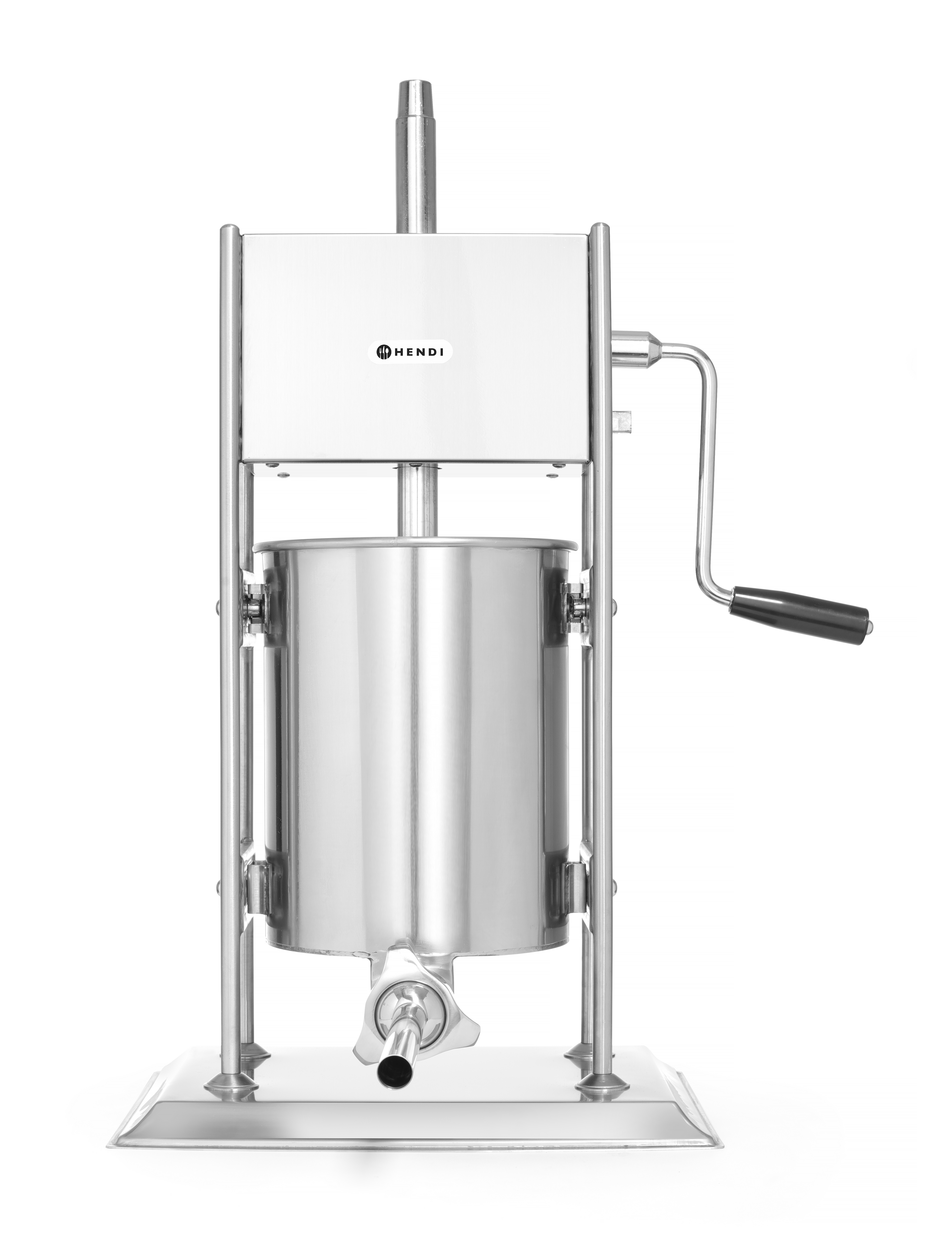 Insaccatrice per salsicce in acciaio inox con manico, cilindro e base, con il logo Hendi.