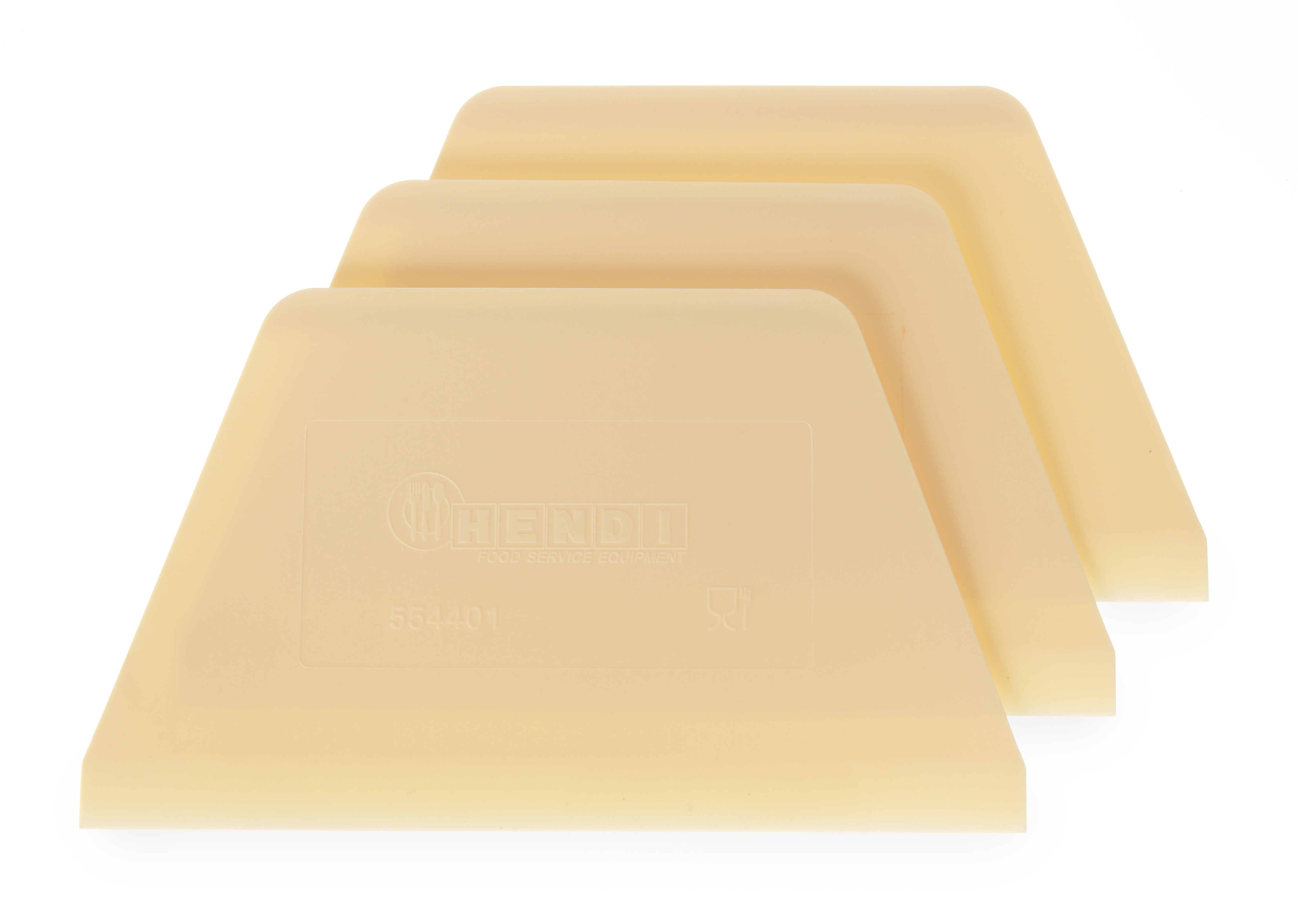 Tre raschietti giallo pallido su sfondo bianco. Il marchio è visibile su uno.