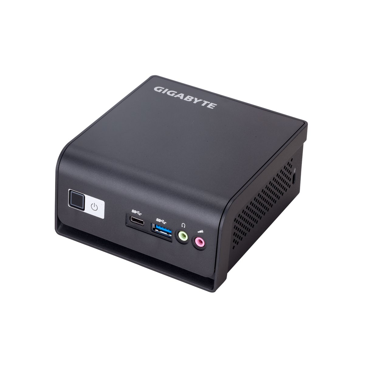 Ein kleiner schwarzer Gigabyte-Computer mit Anschlüssen und einem Einschaltknopf. Weißer Hintergrund.