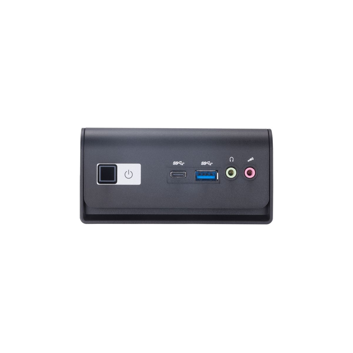 Ein schwarzes Gerät mit Ein-/Aus-Taste, USB- und Audioanschlüssen.