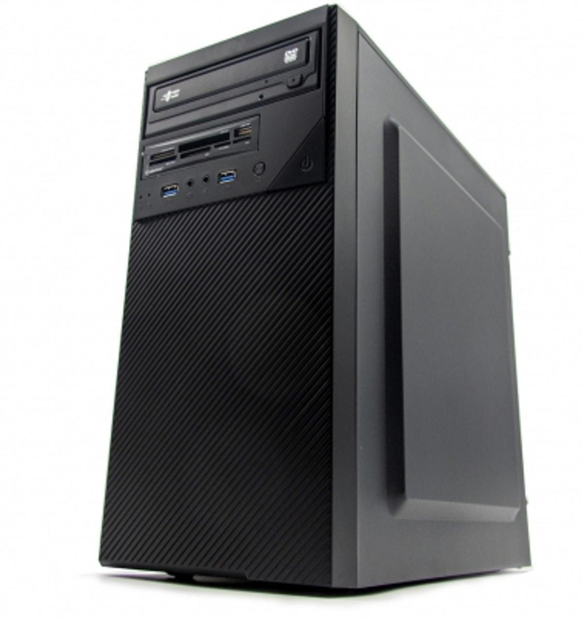 Un case per computer nero su sfondo bianco. Ha un'unità DVD e porte USB. Scatto angolato.