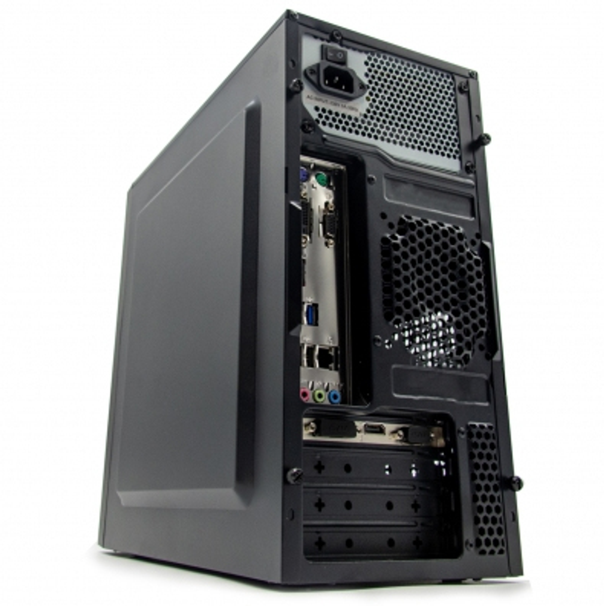 Il pannello posteriore di un case per computer nero con varie porte e prese d'aria visibili.