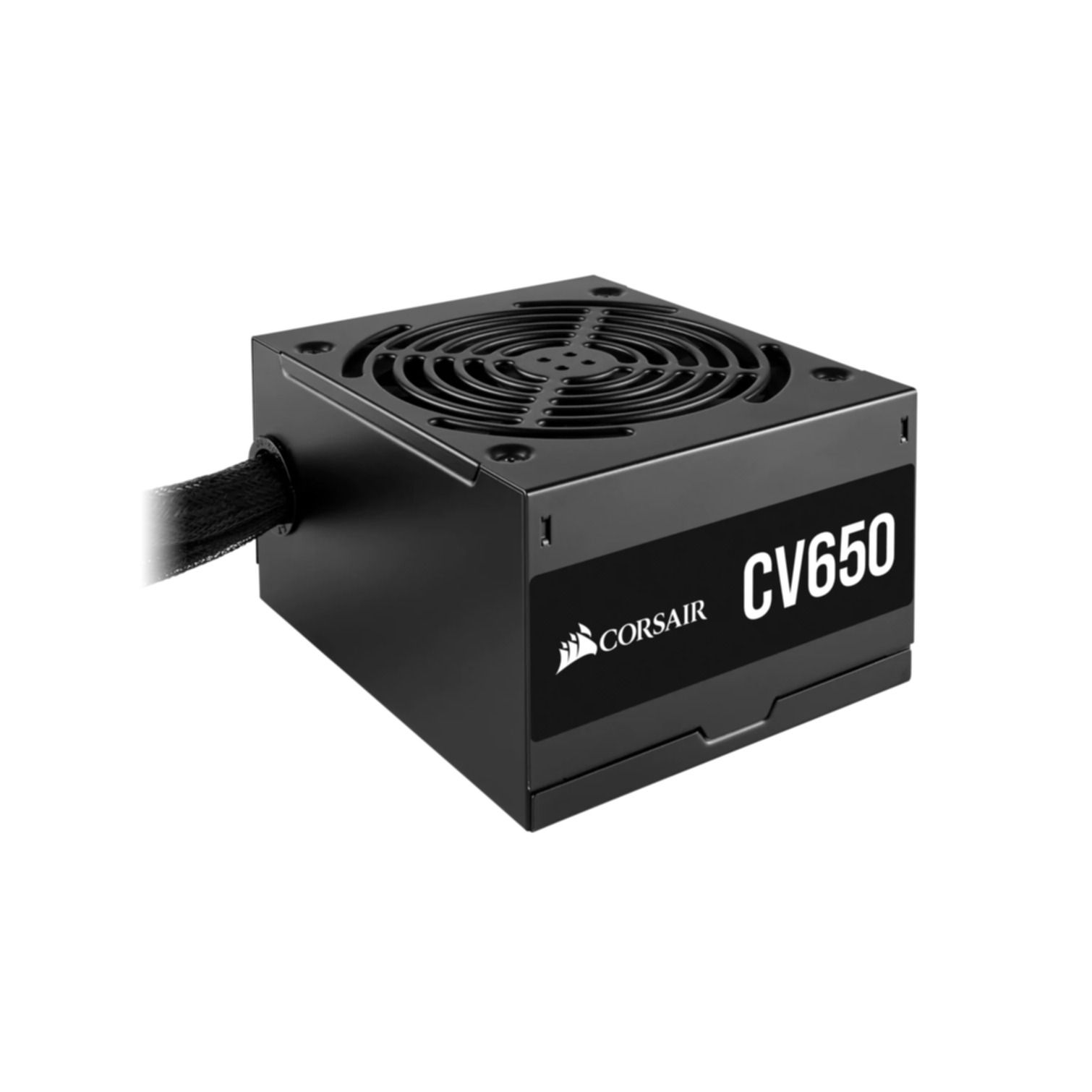 Alimentatore nero con ventola e logo Corsair CV650, isolato su sfondo bianco.