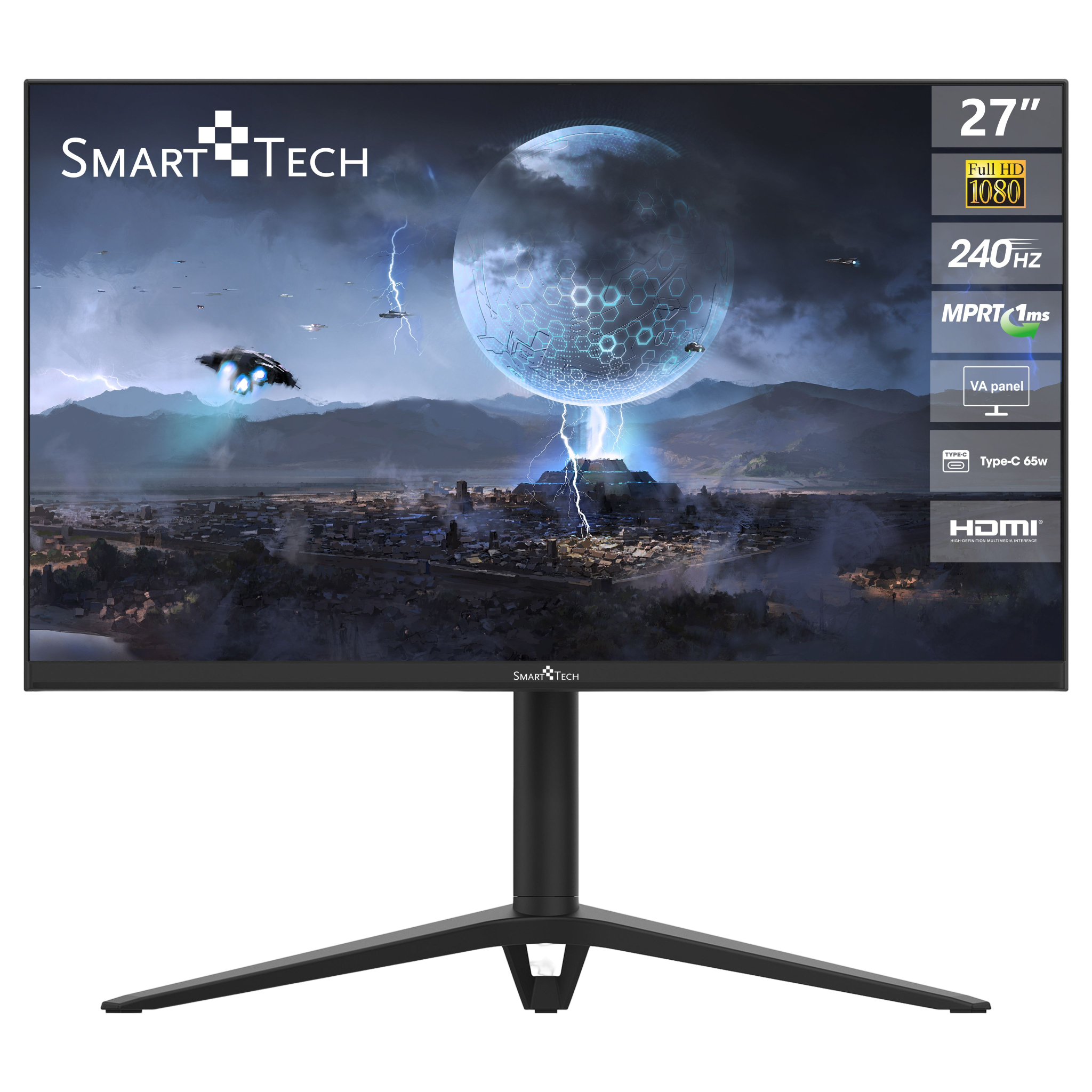 Czarny monitor komputera, wyświetlający futurystyczne miasto z błyskawicami i logo.