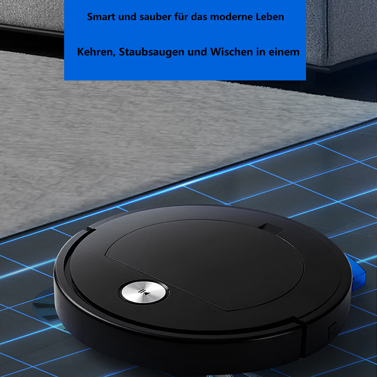 Una aspiradora robot negra sobre un suelo de baldosas azules, cerca de una alfombra gris.