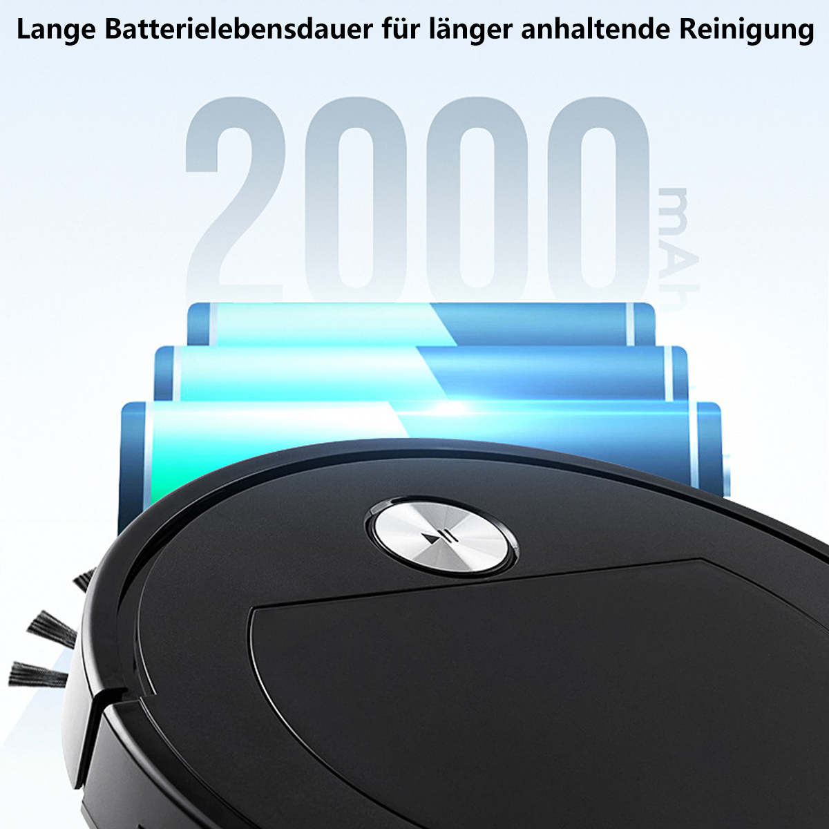 Aspiradora robot negra con texto 2000 mAh.