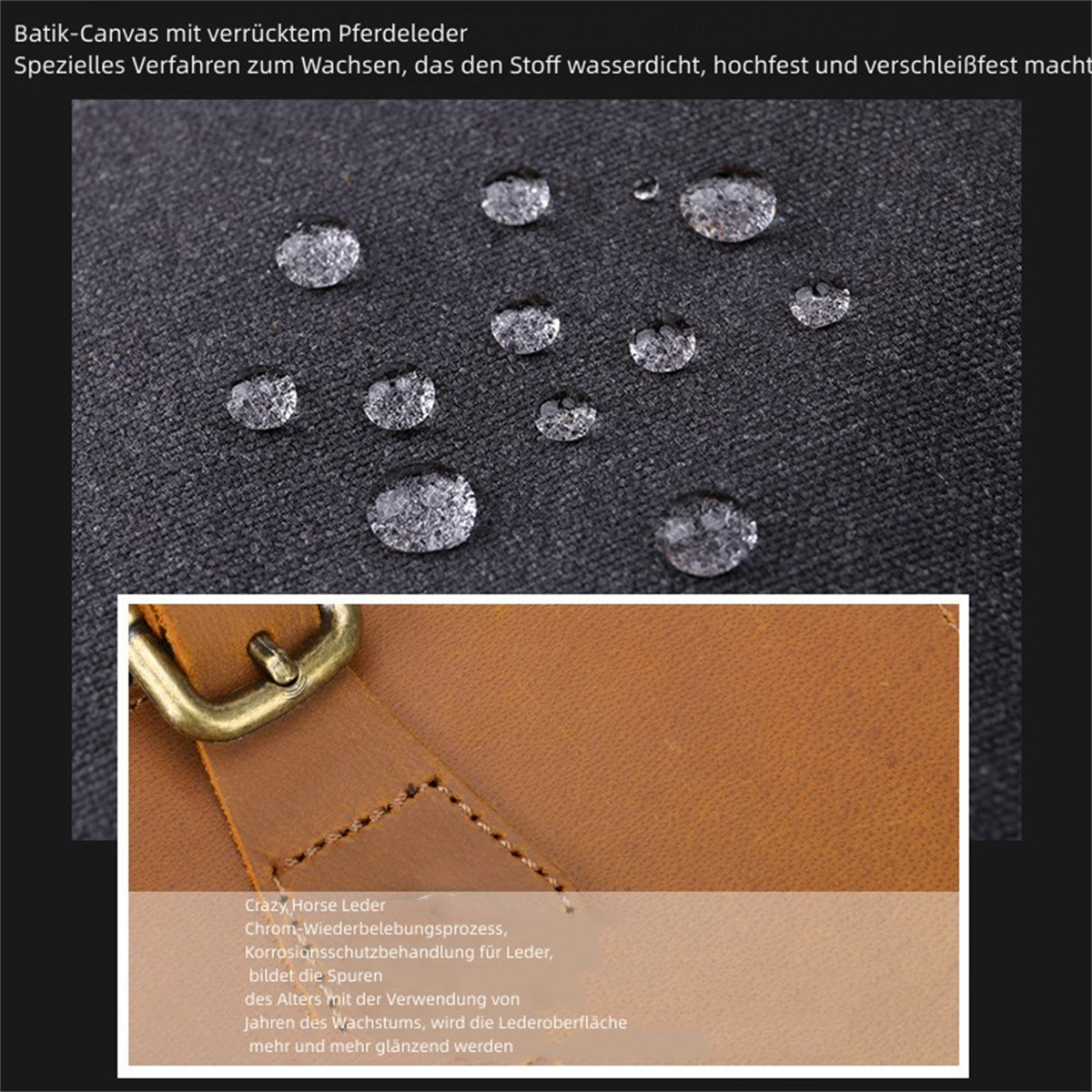 Nahaufnahme von Stoff mit Wassertropfen und Leder, die Textur und Qualität des Produkts zeigen.