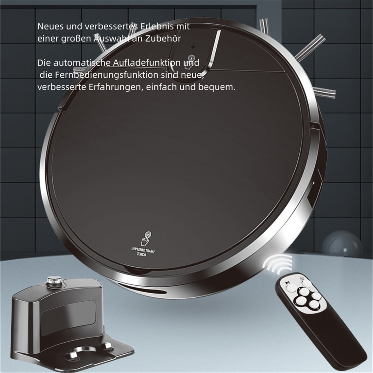 Roboter-Staubsauger, Ladestation und Fernbedienung auf reflektierender Oberfläche.