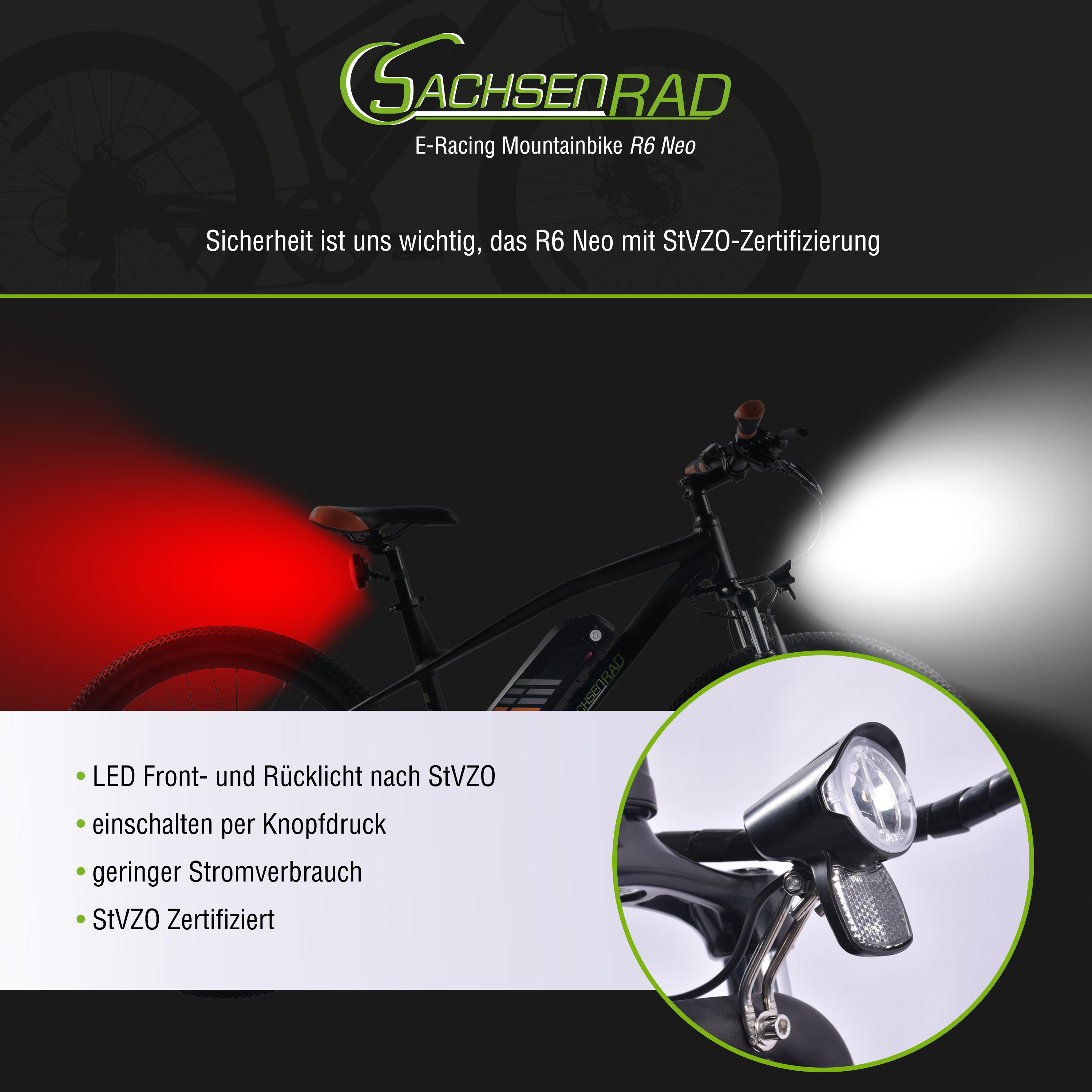 SACHSENRAD E-Racing MTB R6 Neo cm, Rahmenhöhe: Zoll, 29 Unisex-Rad, mit TÜV schwarz) (Laufradgröße: Mountainbike 500Wh 500, 45