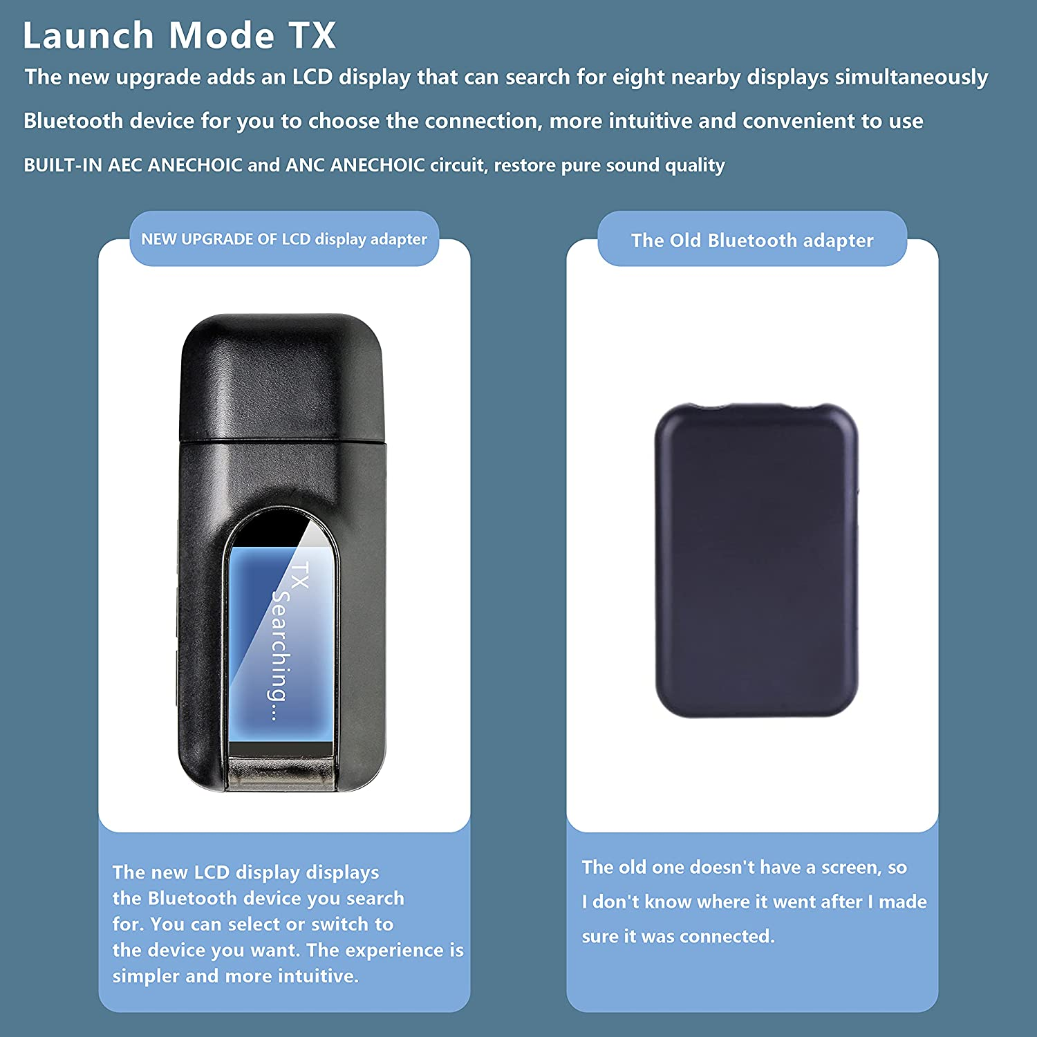 Diagram porównujący starą przejściówkę Bluetooth z nową z wyświetlaczem LCD.