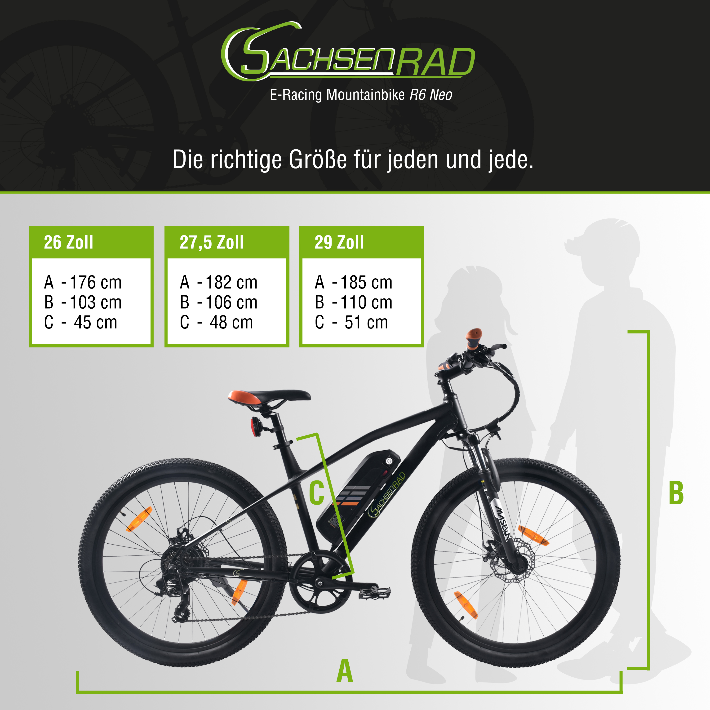 SACHSENRAD E-Racing MTB R6 Neo cm, Rahmenhöhe: Zoll, 29 Unisex-Rad, mit TÜV schwarz) (Laufradgröße: Mountainbike 500Wh 500, 45