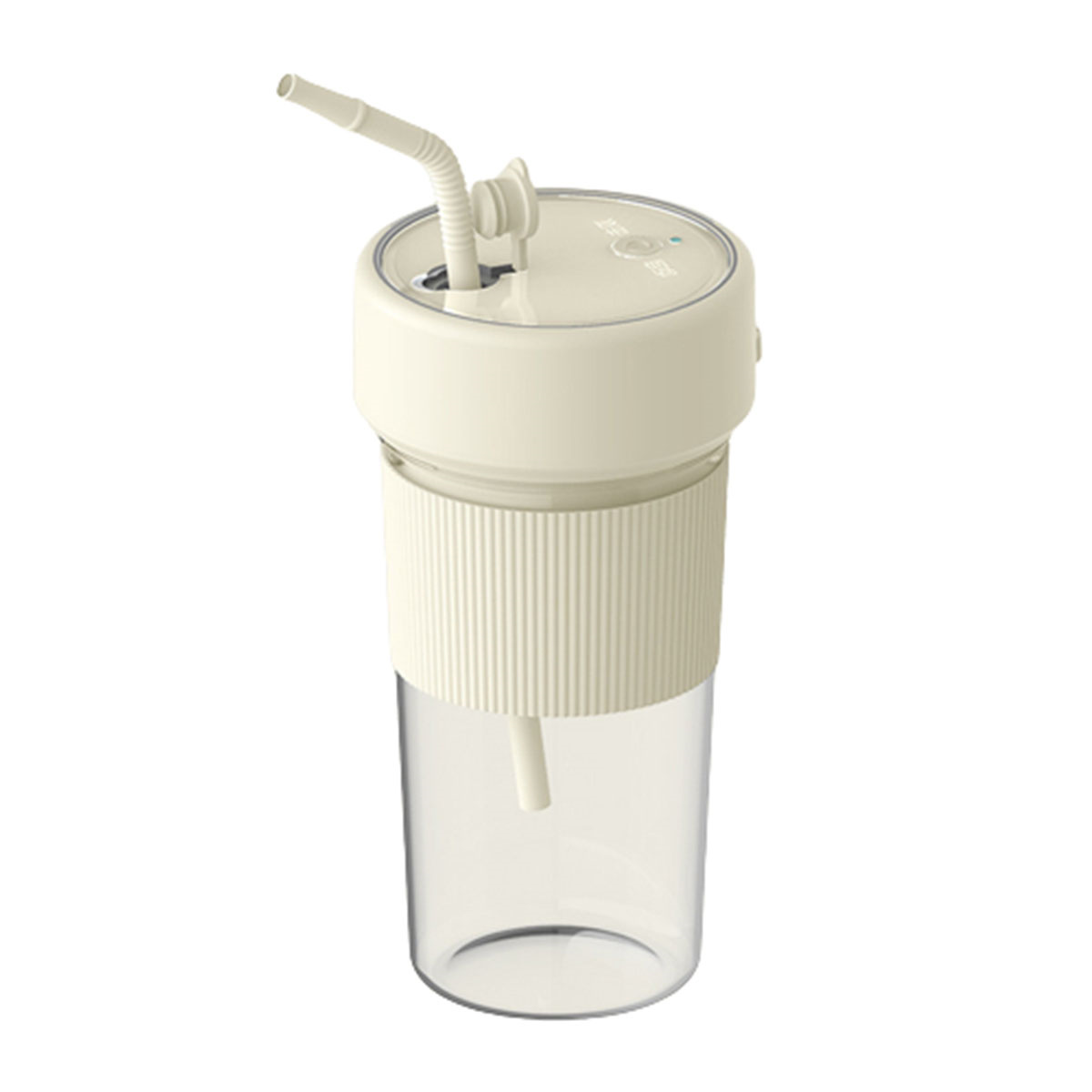 Eine cremefarbene Wasserflasche mit Strohhalm und weißem Deckel.
