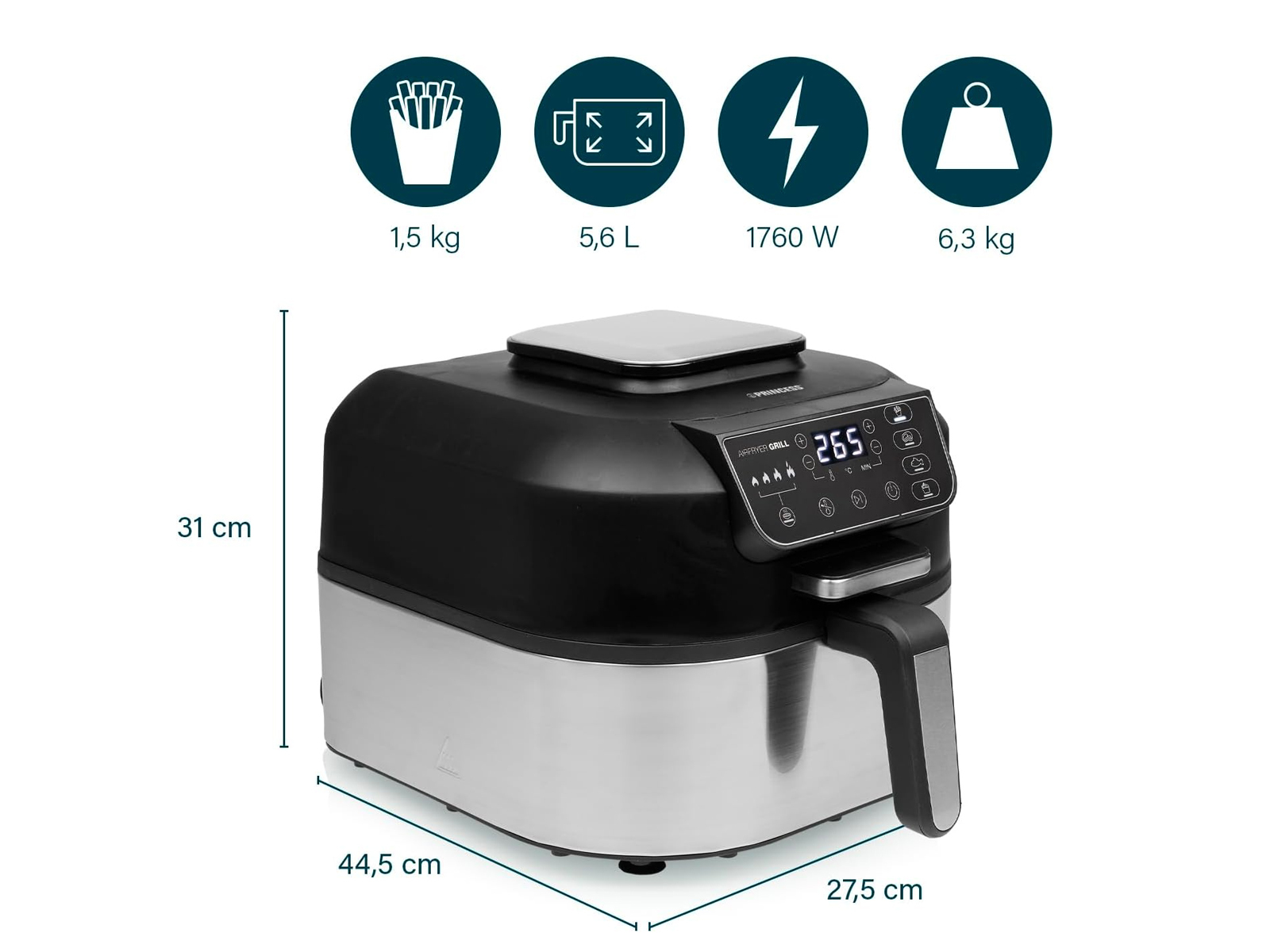 Czarna i srebrna frytkownica powietrzna z wymiarami i ikonami. Wymiary i wyświetlacz cyfrowy.