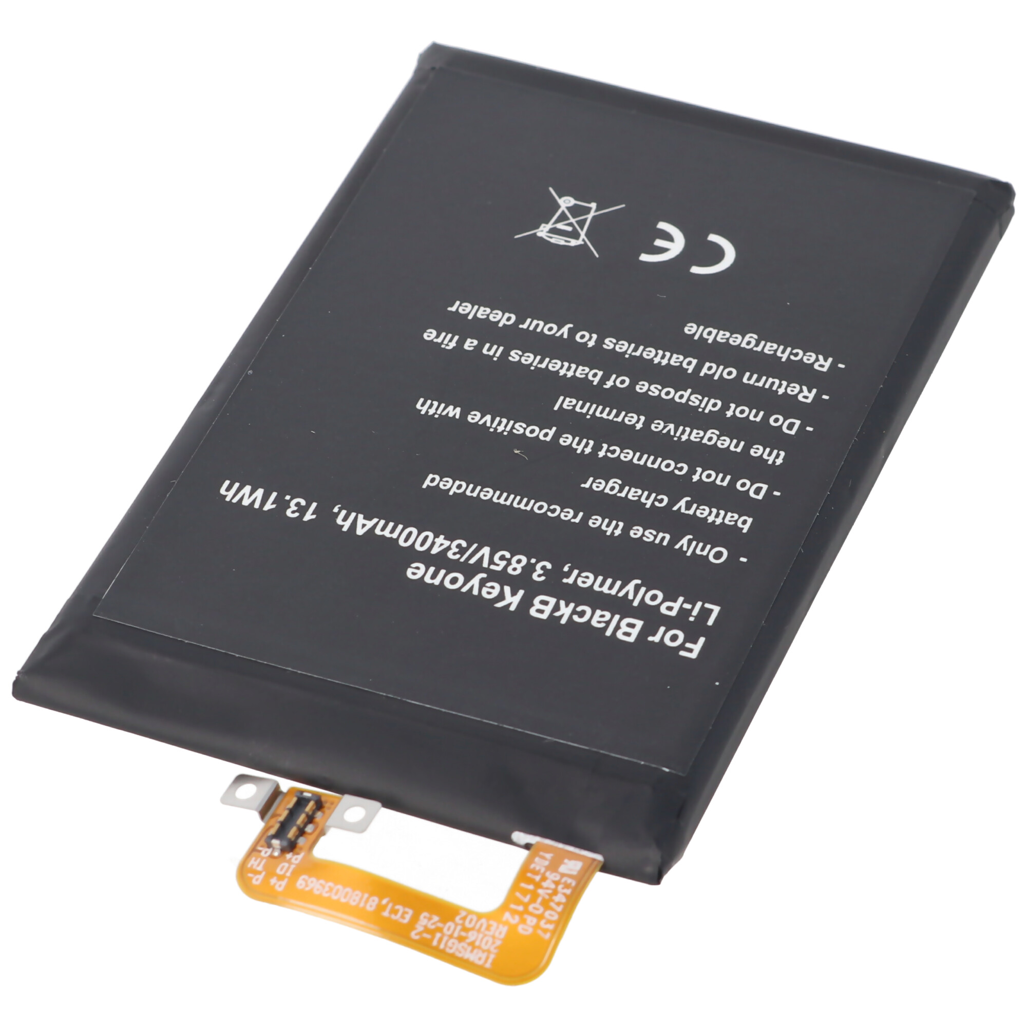 Schwarze Batterie mit Text und Anschluss. Weißer Hintergrund.