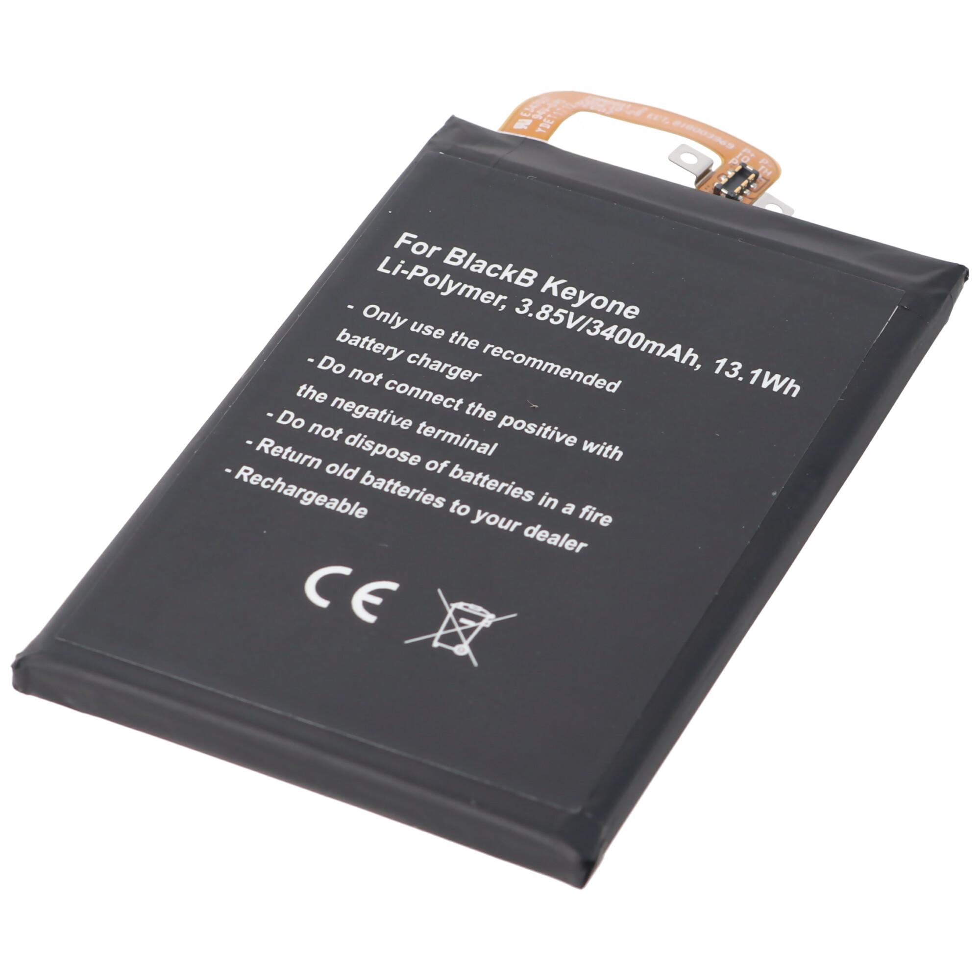 Schwarzer Akku mit Text. Es steht: Für BlackB Keyone, 3,85 V/3400 mAh, 13,1 Wh.