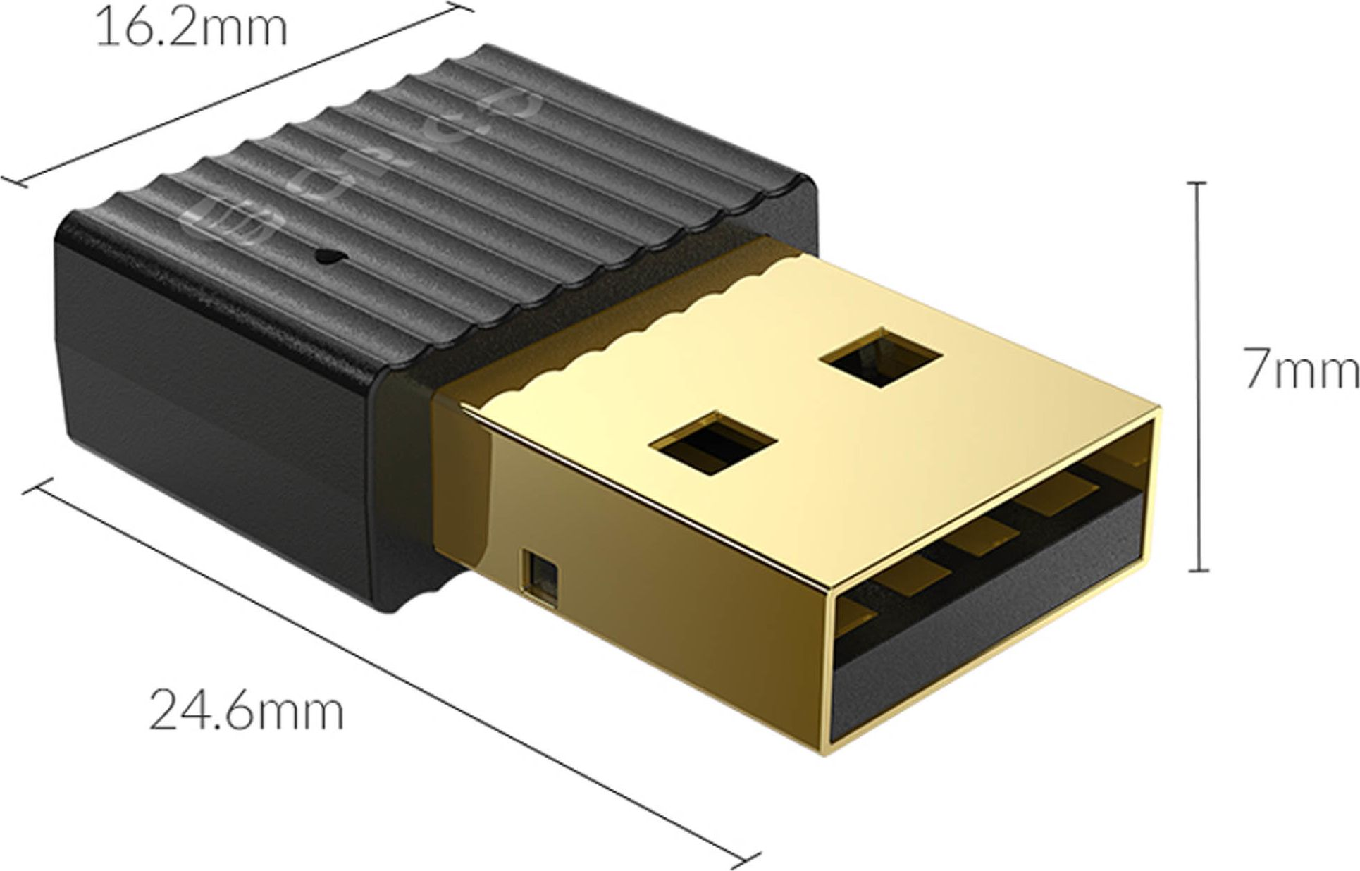 Adaptador USB WiFi. Negro y dorado, con dimensiones mostradas, 24,6 mm x 16,2 mm x 7 mm.