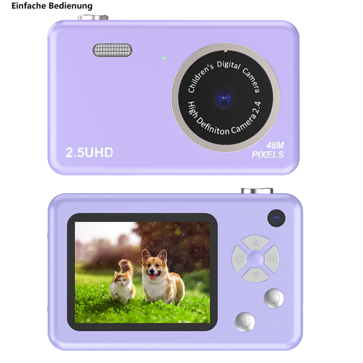 Cámara morada para niños con pantalla que muestra foto de perros y gatos, sobre fondo blanco.