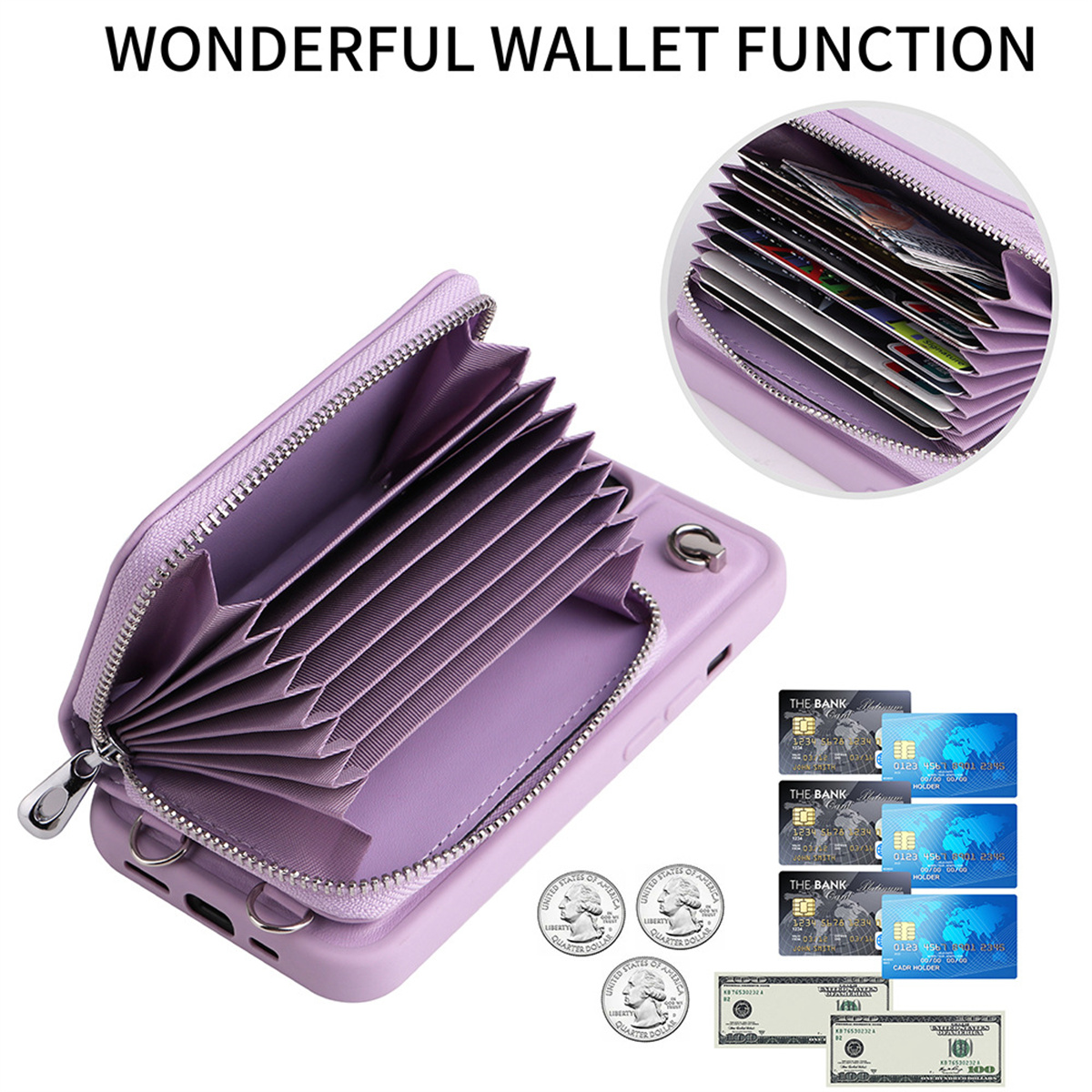 Lila Handyhülle mit Geldbörsenfunktion, die Karten und Bargeld hält.