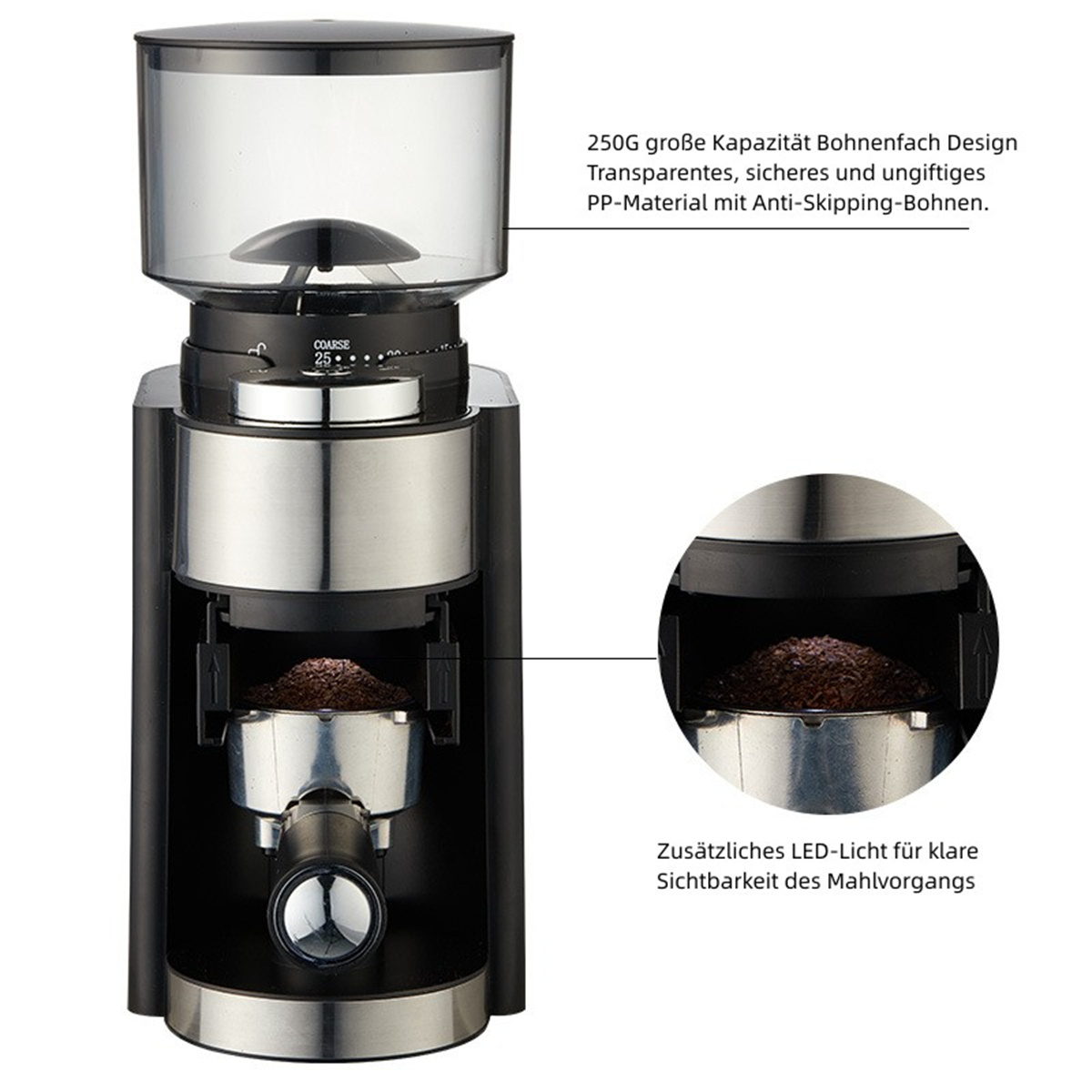 SYNTEK Elektrische Kaffeemühle Kaffeemühle einstellbar weiß Feinmahlwerk und Weiß Grob- Kaffeemaschine
