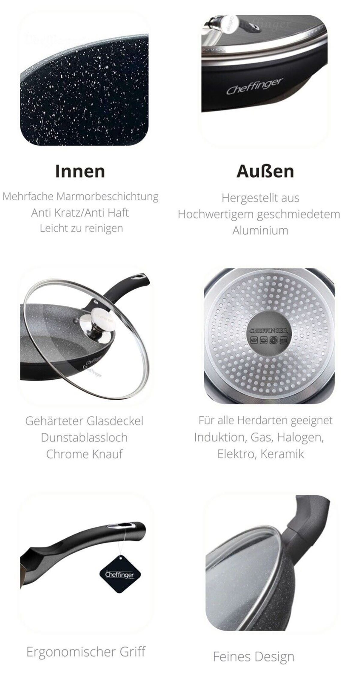 Verschiedene Bilder einer schwarzen Pfanne, die Merkmale wie Marmorbeschichtung, Glasdeckel und ergonomischen Griff hervorheben.
