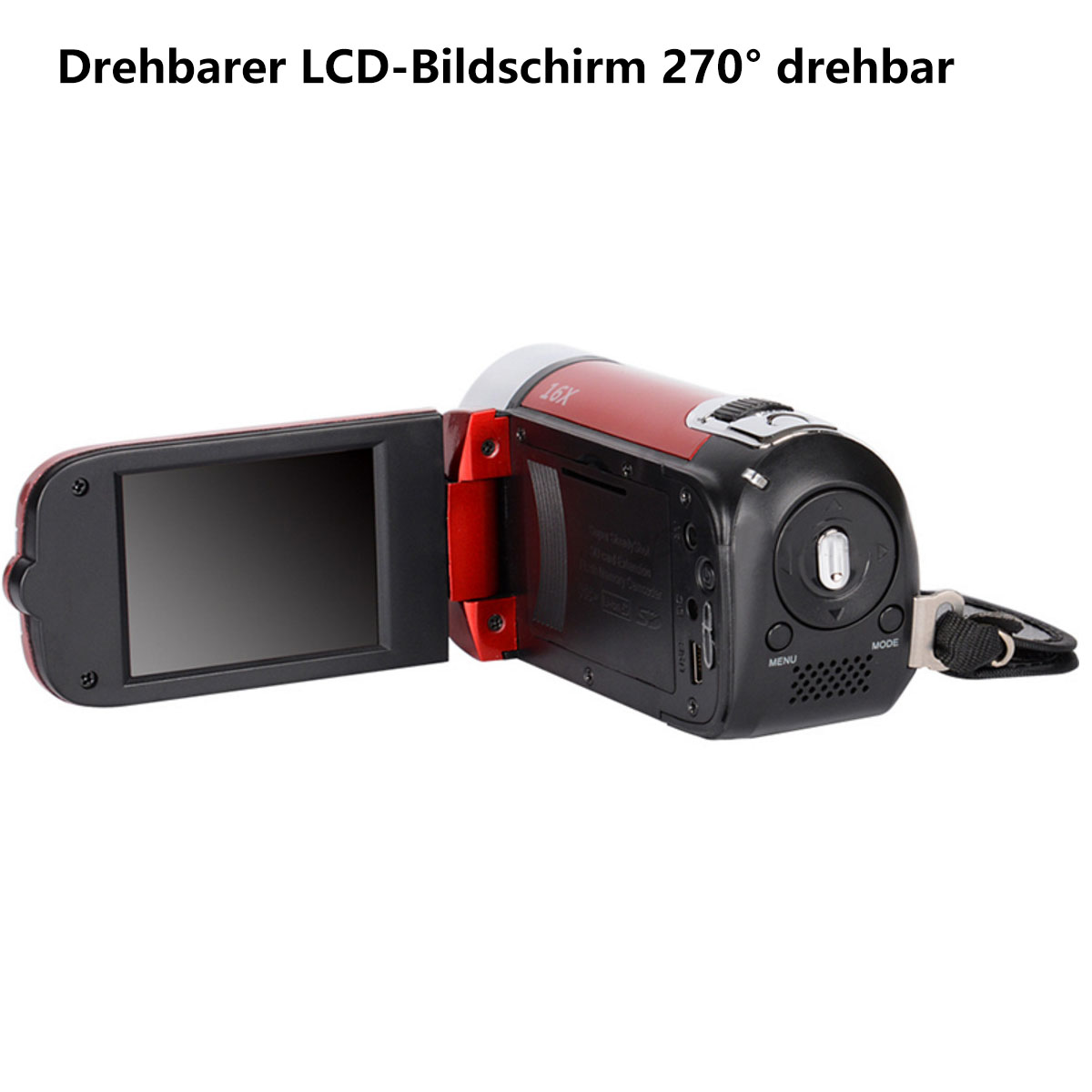 Rote und schwarze Videokamera mit offenem Bildschirm. Verfügt über einen drehbaren Bildschirm und verschiedene Tasten.